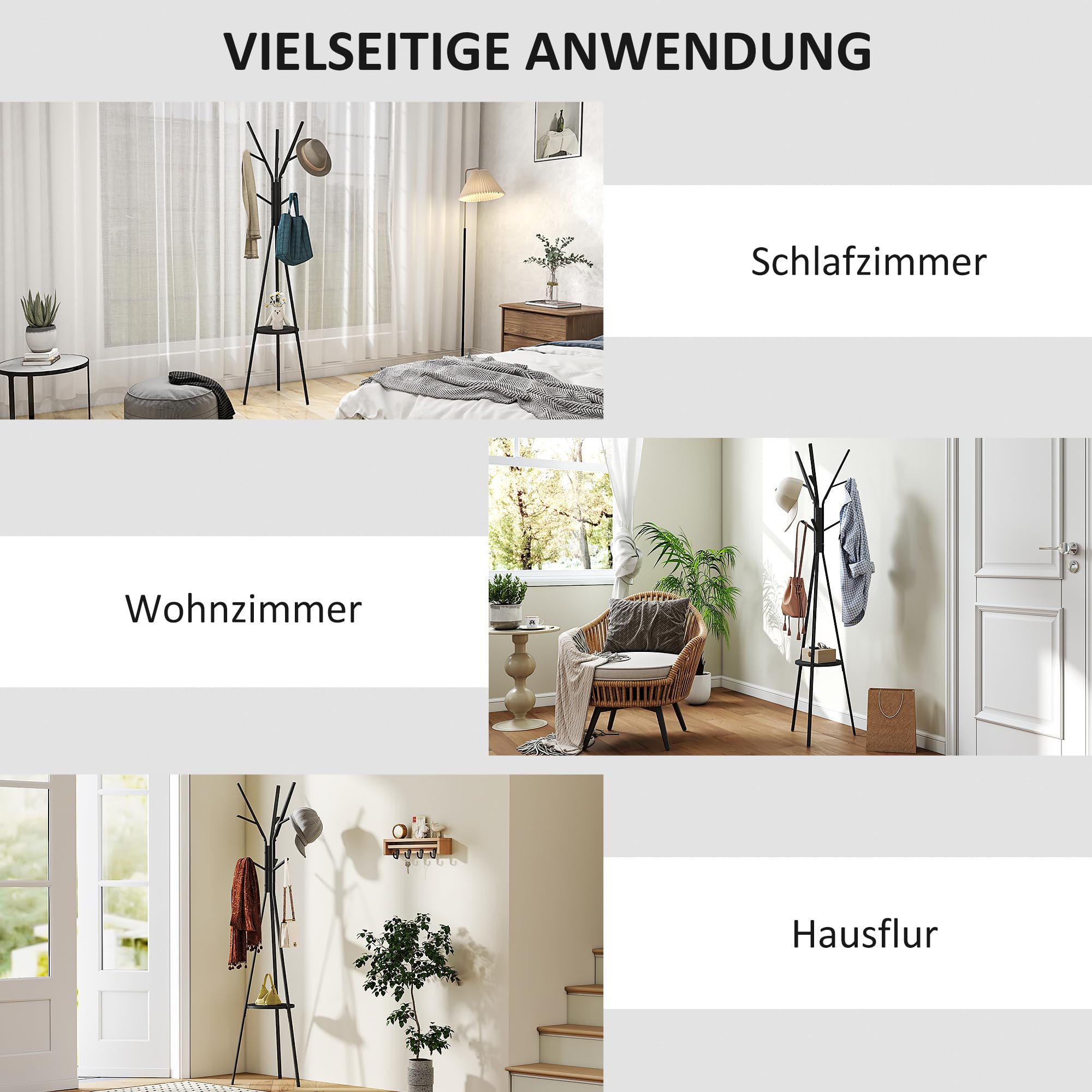HOMCOM Garderobenständer Kleiderständer mit Ablage und 8 Haken Jackenständer Moderner Garderobe für Kleidung Hut Tasche, Wohnzimmer, Schwarz