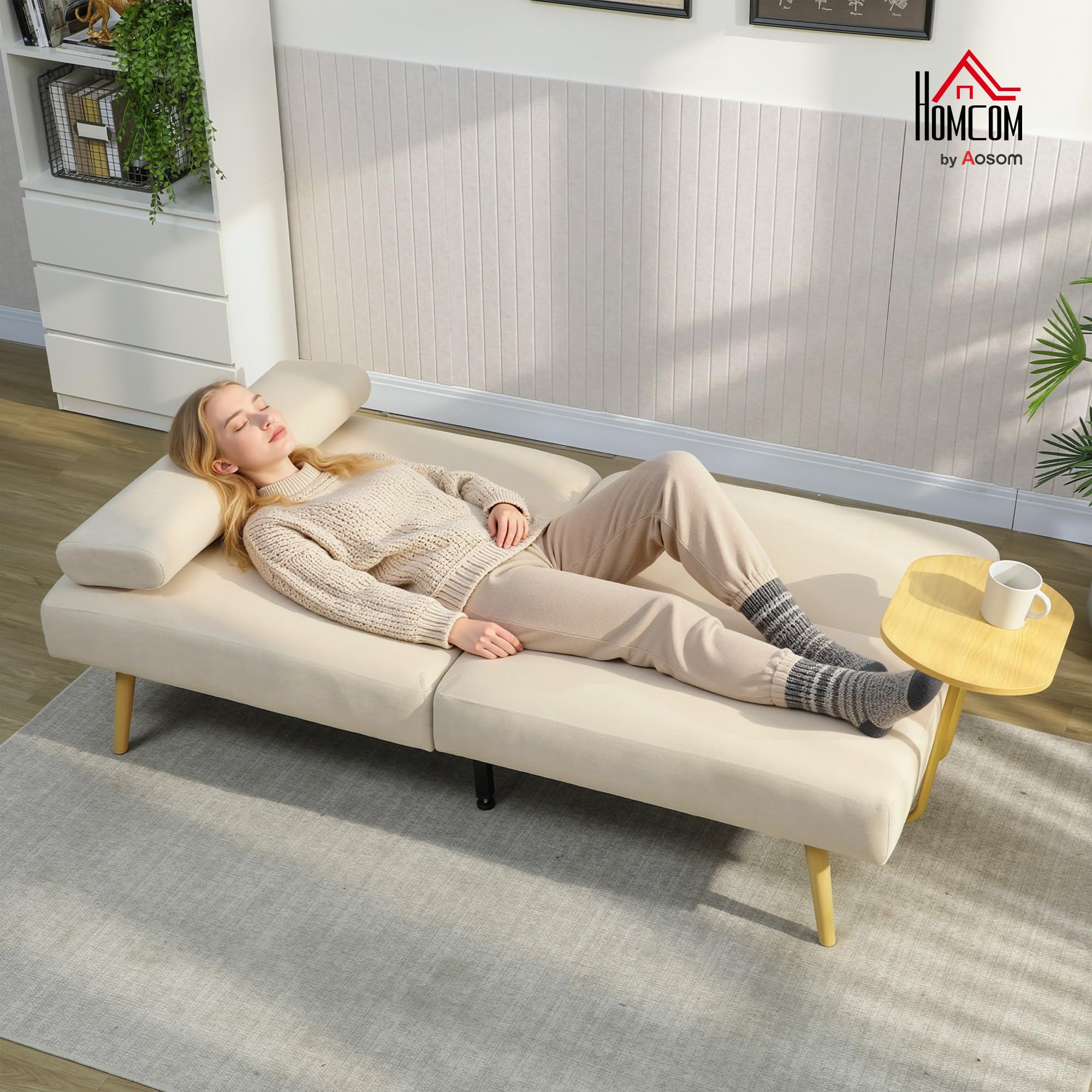 HOMCOM Sofá Cama de 3 Plazas con Mesa Auxiliar, 3 en 1, Sofá Cama Convertible con Respaldo Ajustable, Apertura Clik-Clak, 2 Almohadas para Reposabrazos y Patas de Metal, 196x86x81 cm, Beige