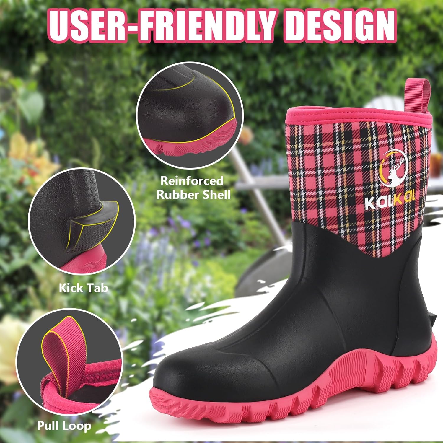 Kalkal Rubber Boots for Women, Waterproof Mid Calf Women Rain Boots with Steel Shank, 6mm Neoprene Insulated Rubber Garden Boots for Women Mud Working Farming Fishing
