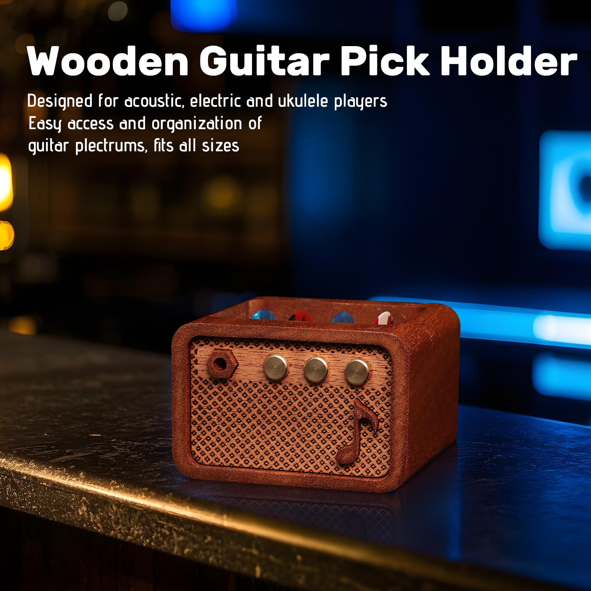 CoolGift Mart Guitar Accessories, Sapele Wood Electric Guitar Amp Shaped Guitar Pick Holder - Image 3