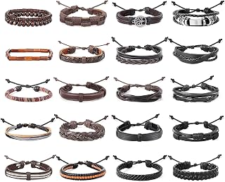 15-20 Pcs Braided Bracelet Set Women Men Beads Leather Wristbands Boho Ethnic Tribal Linen Hemp Cords Wrap Bracelets String Handmade Jewelry (Style C:20 Pcs)