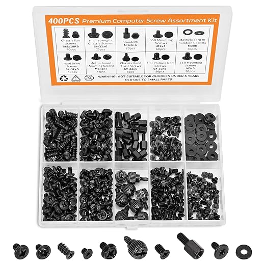 400Pcs Premium Computer Screws Kit for PC, Includes Motherboard Screws, Standoffs, SSD Mounting Screws, PC Case, Fan, and Hard Drive Screws – High-Strength & Durable for Custom Builds and Repairs