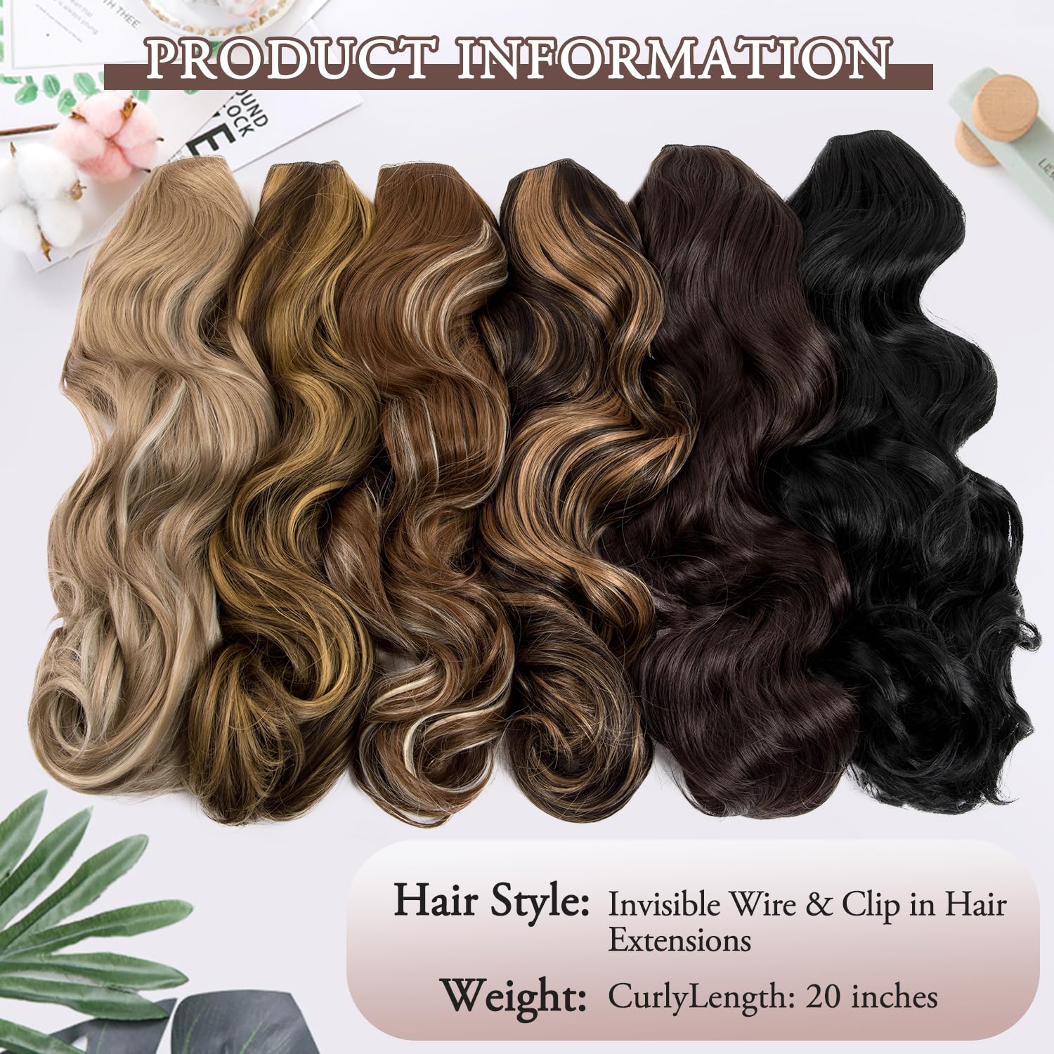 Clip In Hair Extensions 20 Inch with U-Shape Lace & 5 Clips,Long Wave Curly Heat Resistant Full Shine Synthetic Hairpieces for Women(Dark Brown)