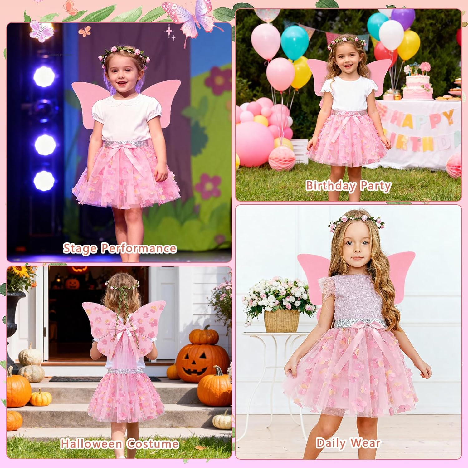 3pcs Fairy Costume for Girls Include Fairy Wings Headpiece and Butterfly Flower Tutu for Halloween Birthday Party