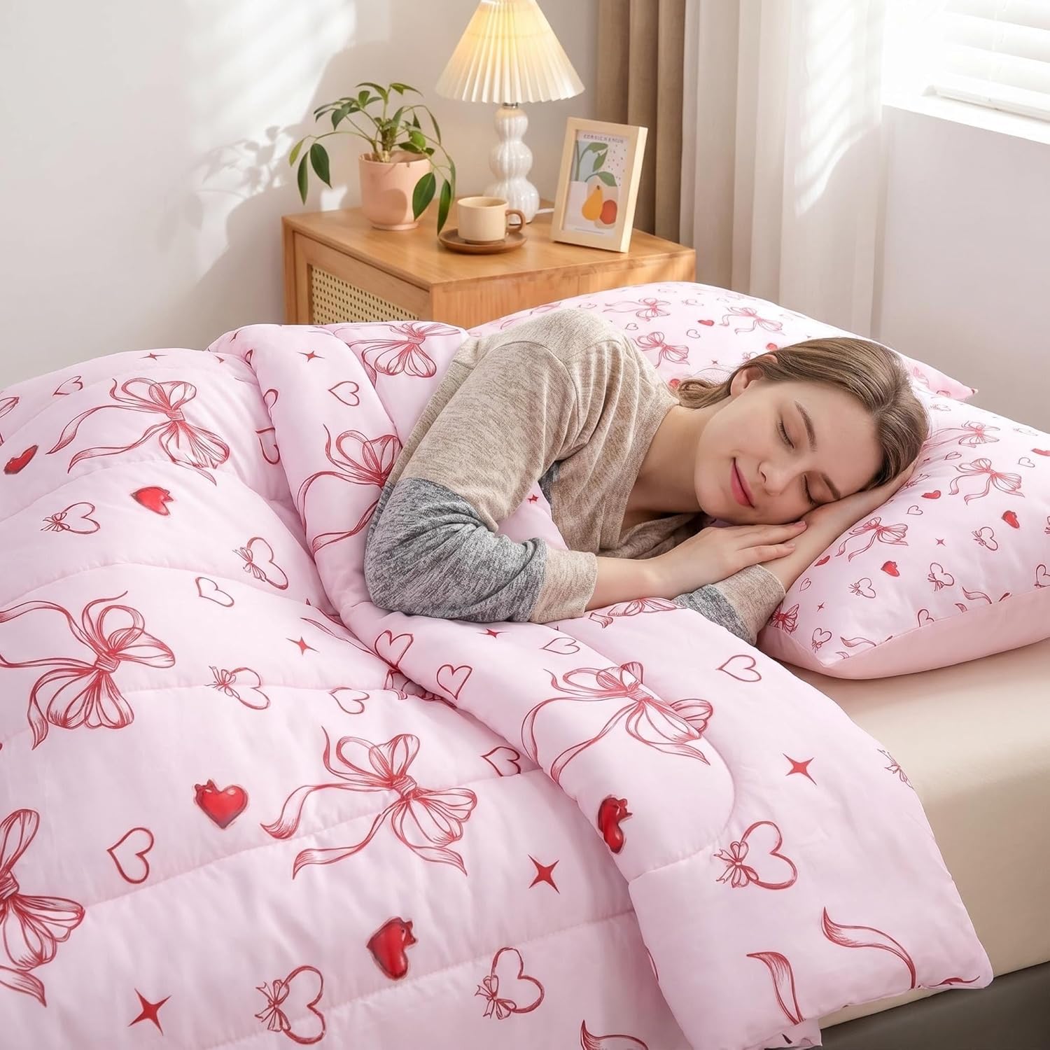 Feelyou Red Bow Queen Comforter Set with Sheets for Kids Boys Girls Cute Heart Pattern 7 Pieces Bedding Set Pink Bowknot Bed in a Bag Romantic Love Room Decor Soft Lightweight Microfiber