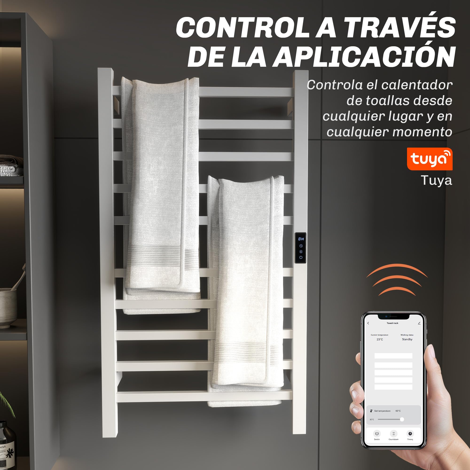 HOMCOM Toallero Eléctrico de Pared con Control WiFi 110W Blanco | Radiador Toallero Eléctrico, Pantalla Táctil, Temporizador, 10 Barras, Temperatura Ajustable, Bajo Consumo, IPX4, Baño