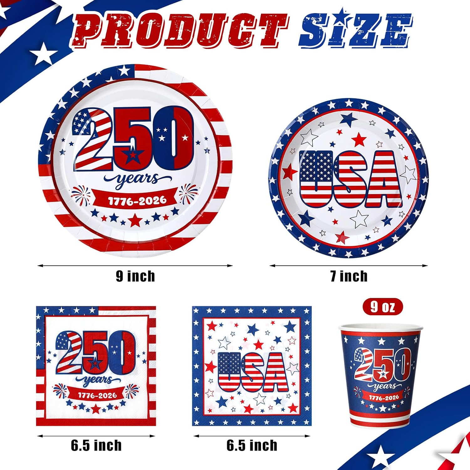 Havawish 250 Pcs 250th Anniversary 4th of July Decorations American Flag Patriotic Party Supplies Disposable 100 USA Plates 100 Napkins 50 Paper Cups for Independence Memorial Day Party Supplies