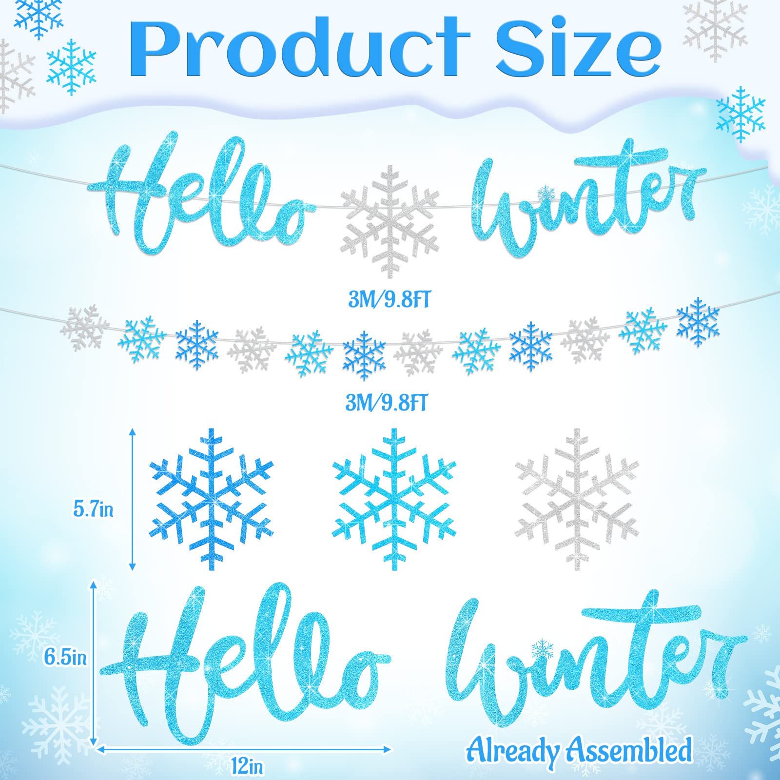 Amylove 2 Pcs Hello Winter Banner 9.8 Feet Winter Decorations Snowflake Garland Banner Glittery White and Blue Party Decorations for Wonderland Baby Shower - Image 3