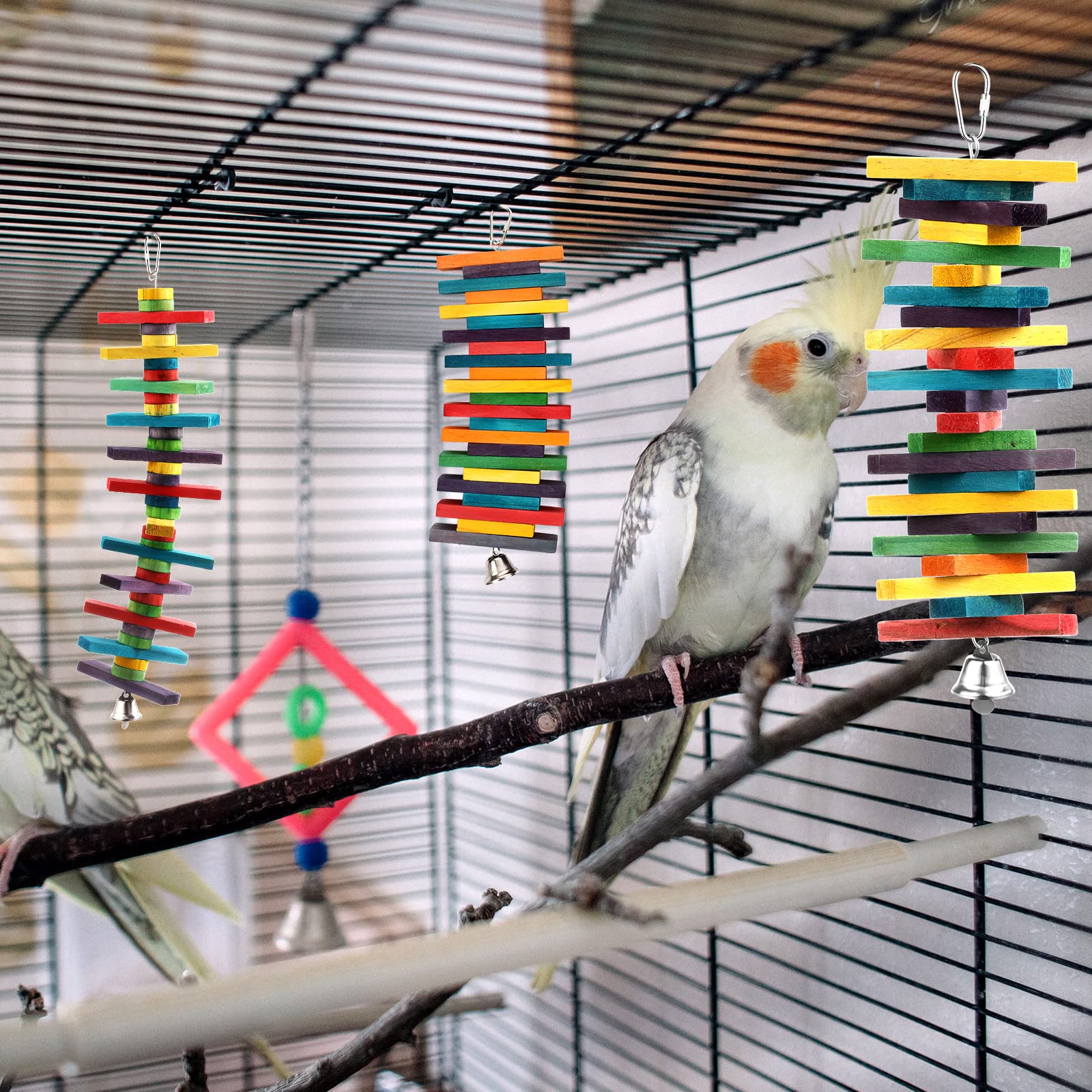 4 Pcs Bird Parrot Toys with Multicolored Natural Wood Blocks, Bird Chew Toys for Large Medium Parrots Macaws Lovebirds Doves Cockatiels Conures Parakeets Chewing Biting Foraging, 2 Designs - image 7
