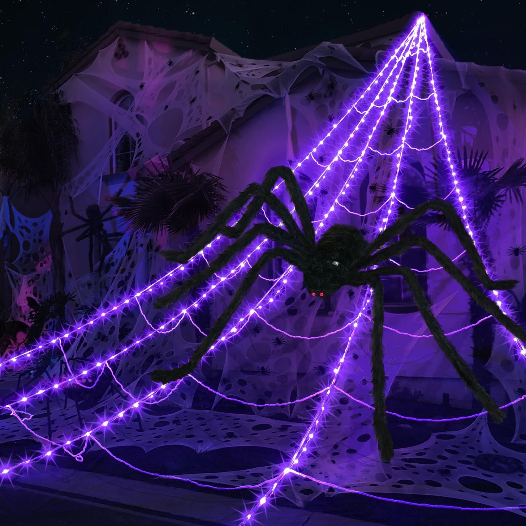 Halloween Spider Web Lights, 16.5FT LED Light Up Spider Web Decoration Outdoor & Indoor Halloween Decor, Festival Theme Decoration Prop, for Home Garden Window Door Party (with Giant Spider)