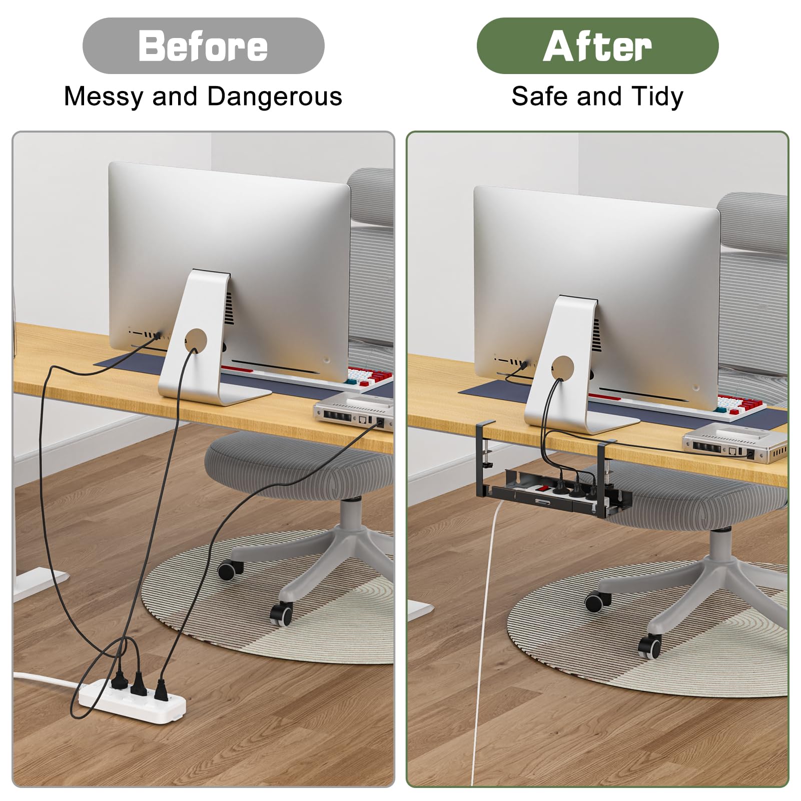 Avmvnvc Bandeja Organizador Cables Escritorio - Bandeja Cables Escritorio Retráctiles de 35CM a 53,5CM - Recoge Cables Mesa Escritorio sin Taladros - Cable Management para Hogar y Oficina