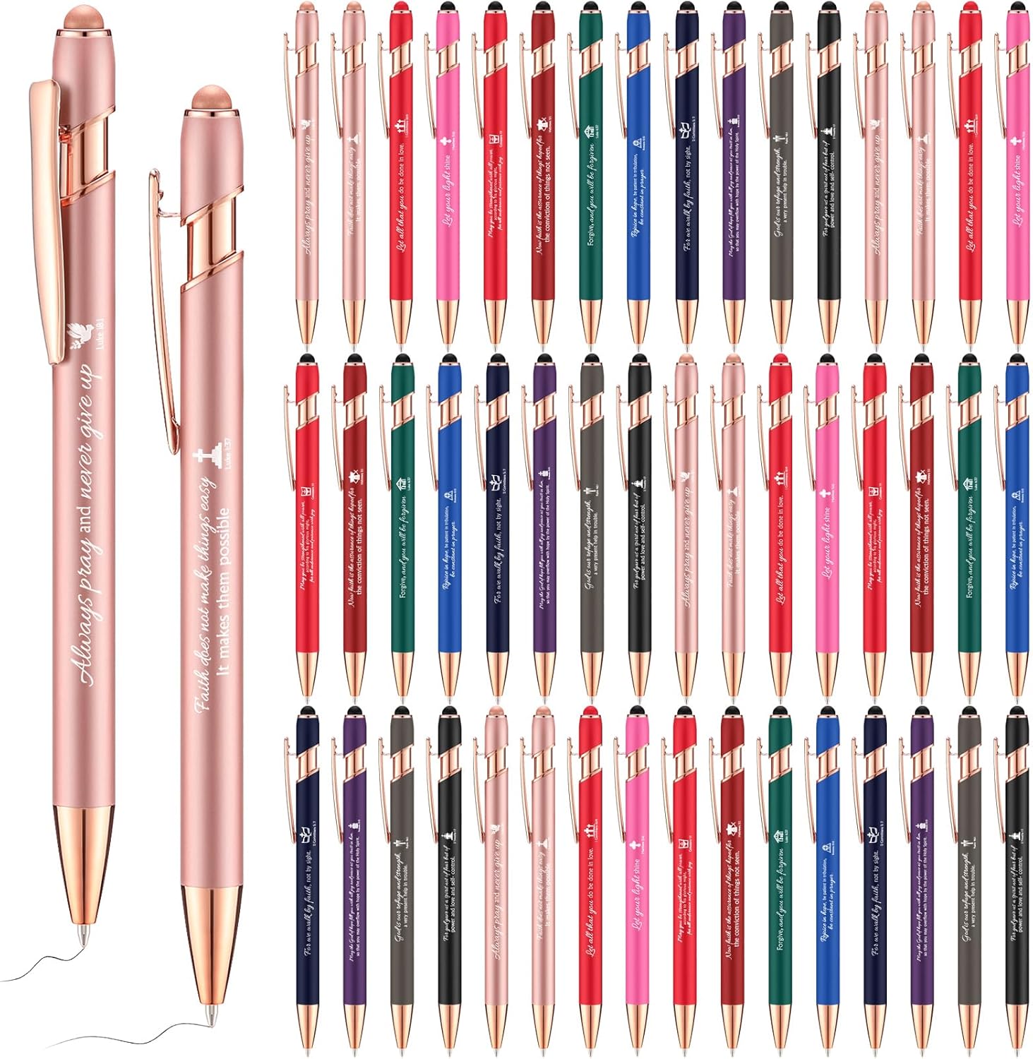 Chuangdi 48 Pcs Christian Ballpoint Pens With Stylus Tip, Bible Verse Quotes, Motivational Scripture, Black Ink for Holiday Gifts (Colorful)
