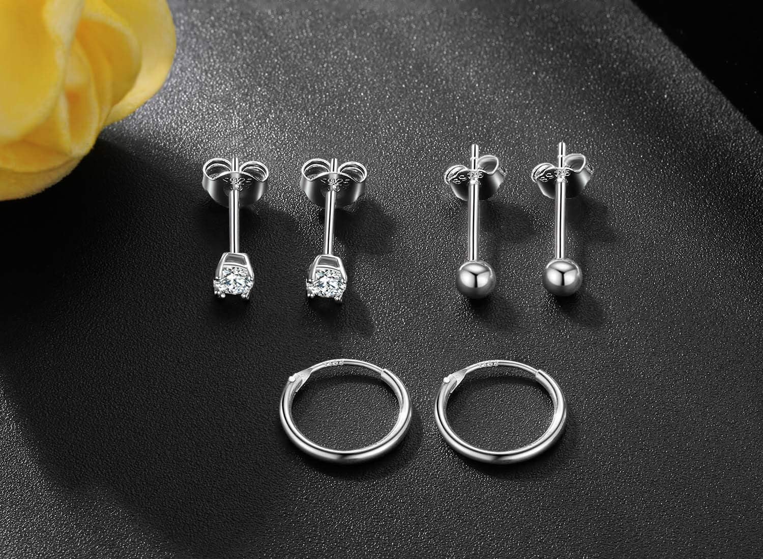 EPIRORA Sterling Silver Stud Earrings Small Cartilage Hoop Earrings for Women Men- 3 Pairs of Hypoallergenic Tiny 3mm Cubic Zirconia Round Ball Earrings & 10mm/12mm Cartilage Earring Hoops - Image 5