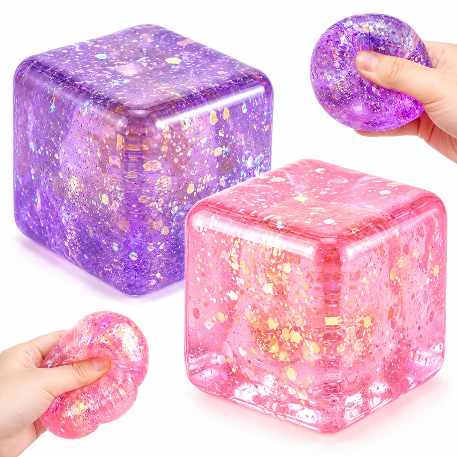 2Pcs Sugar Squishy, Cube Squishy, Sensory Fidget Items with Glitter, for Office and Home Calm, Portable Stress Focus