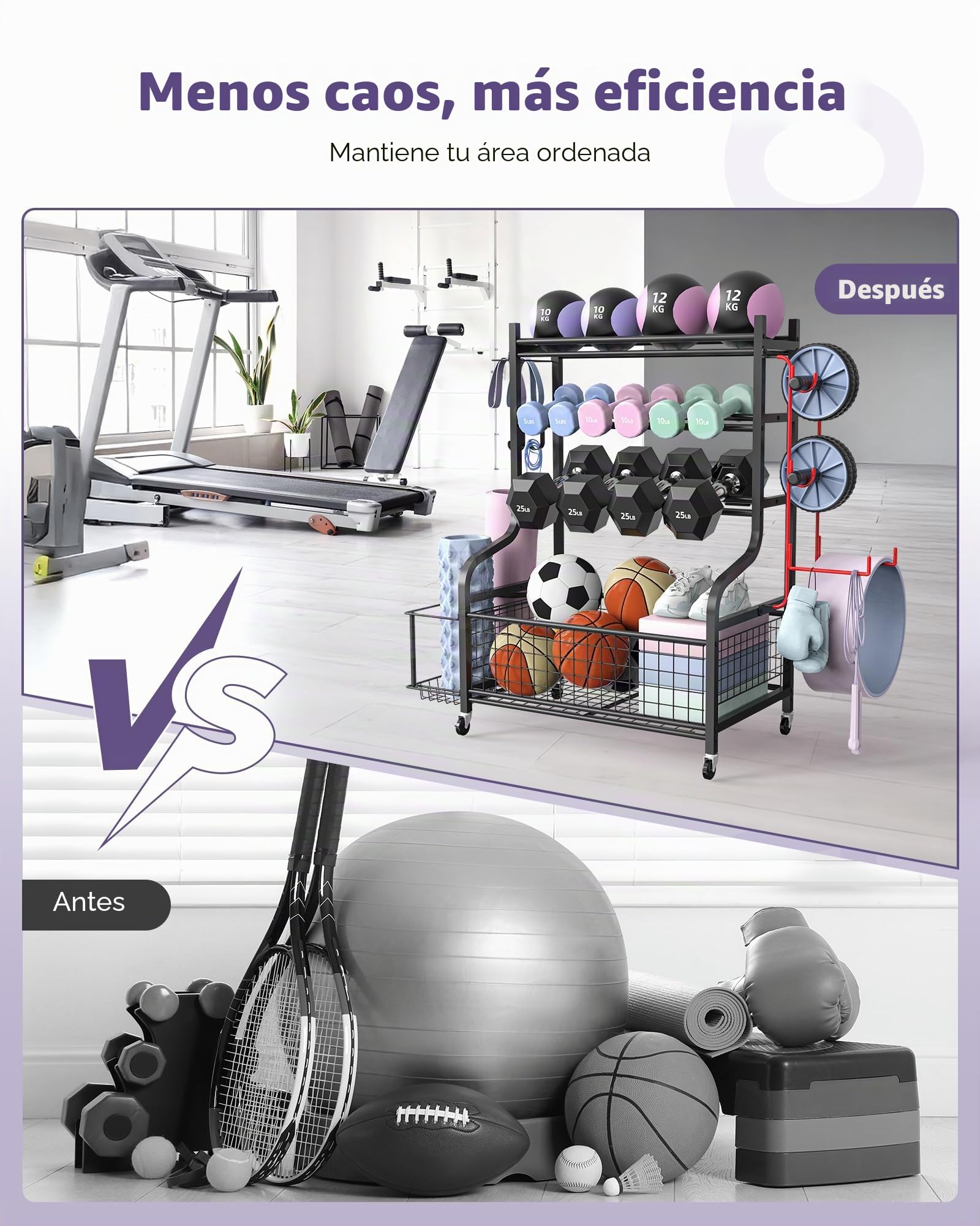 Yoga Matte Hantelablage - Dumbbells Regal für Home Gym mit 4 Räder und 8 Haken - Yogamatte Lagerregal für Kettlebells und Yoga Block, Gurt, Rolle - 100-160KG Tragfähigkeit