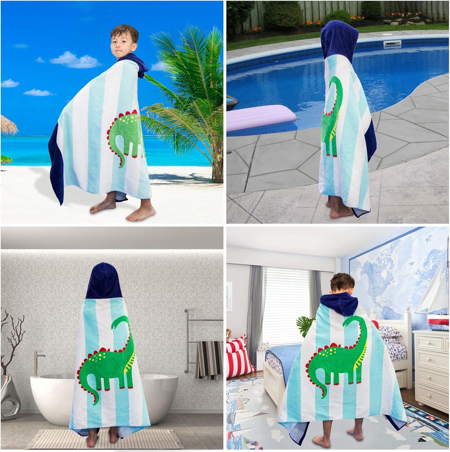 Bath Beach Towel for Kids, Poncho for Bath Pool Beach Swim Pool Cover Up, Soft Comfortable Hooded Towel Wrap for Boys Girls, 3-12 Years Old, 30" X 50" (Dinosaur 1)