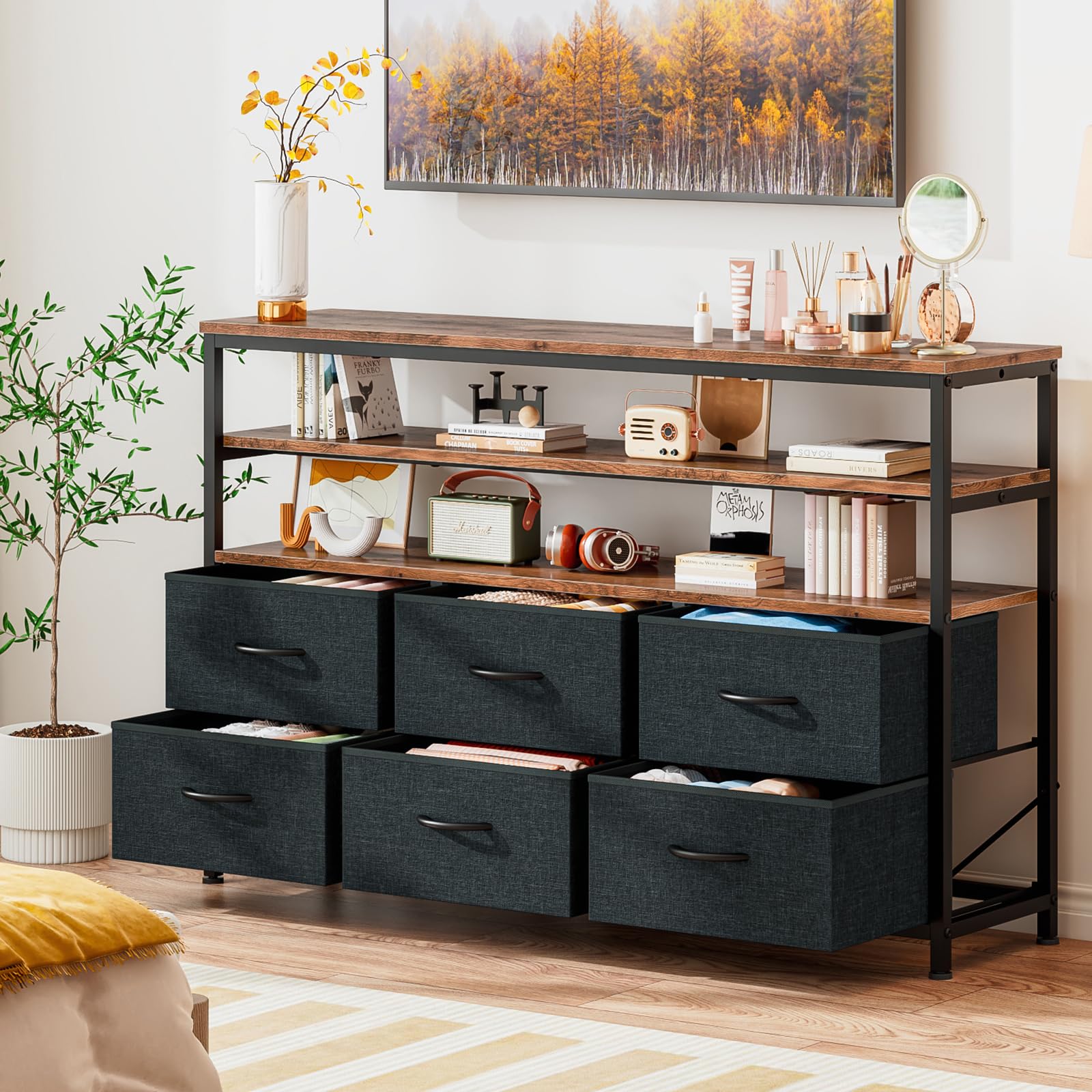Mobile TV lungo 100 cm, mobile TV da soggiorno con cassetti in tessuto, armadio per TV con ripiani per soggiorno, camera da letto, telaio in metallo, nero, altezza 80 x larghezza 100 x