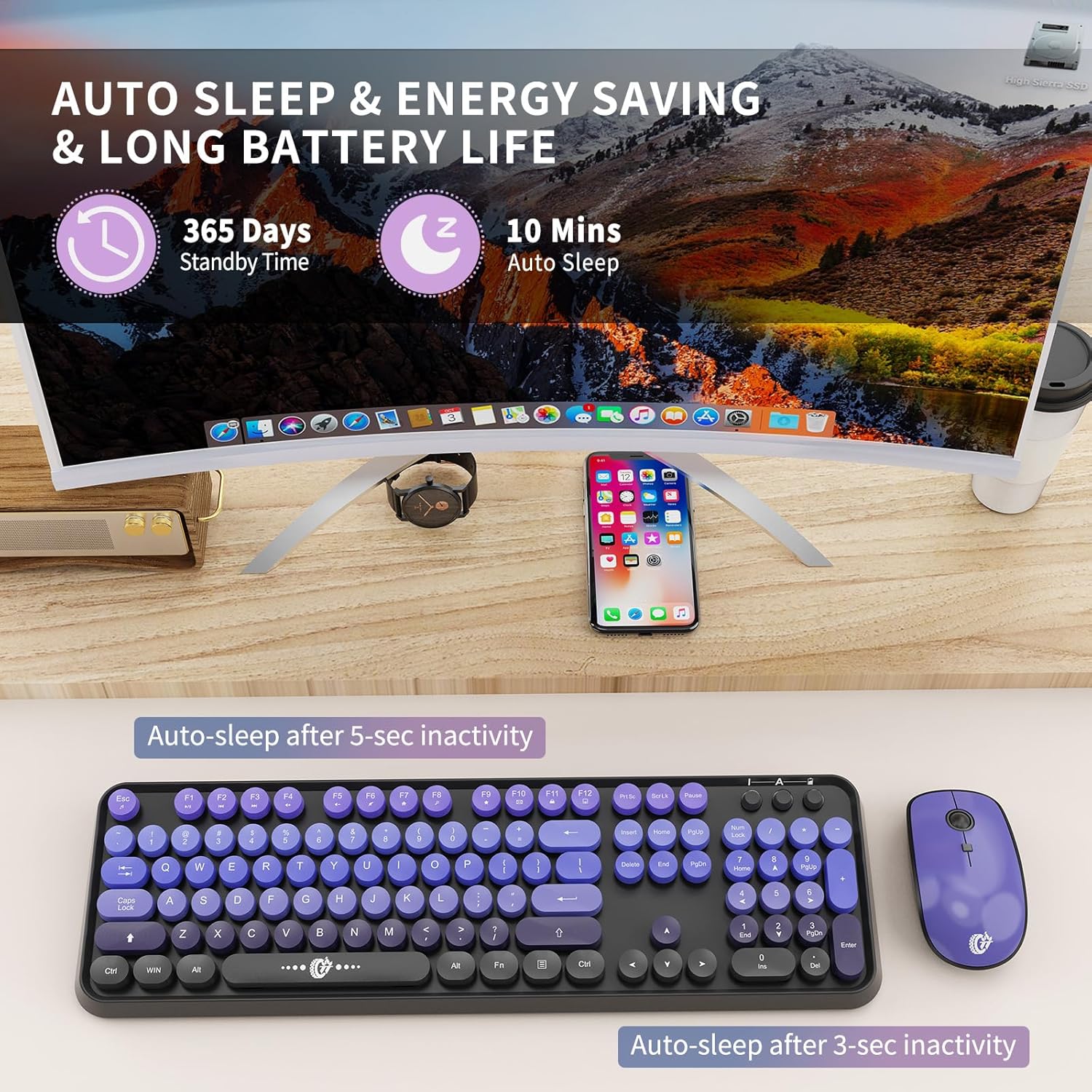 FD Wireless Keyboard and Mouse Combo | Cute Colorful Keyboard and Mouse with 2.4GHz Cordless Retro Typewriter Keyboard | Auto-Sleep | USB Receiver for Windows PC/Laptop - Black Purple Gradient - Image 5