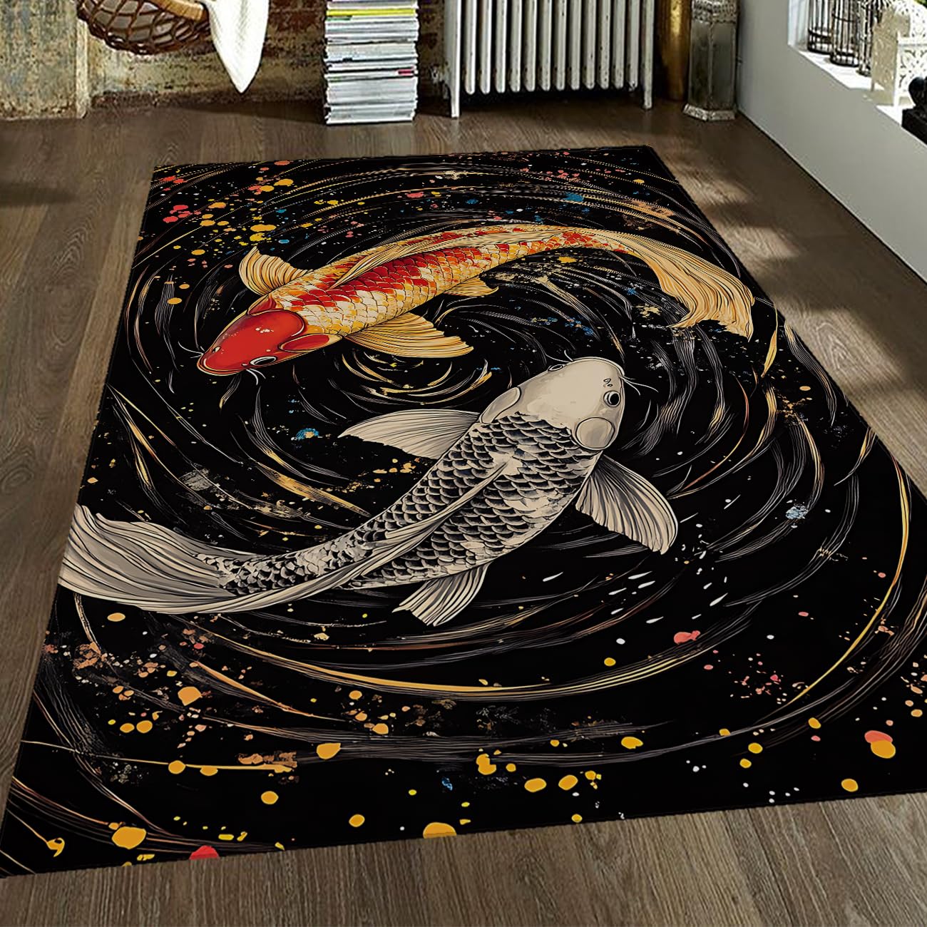 Tapis chinois Tai-chi double Koi 140x180cm antidérapant et lavable