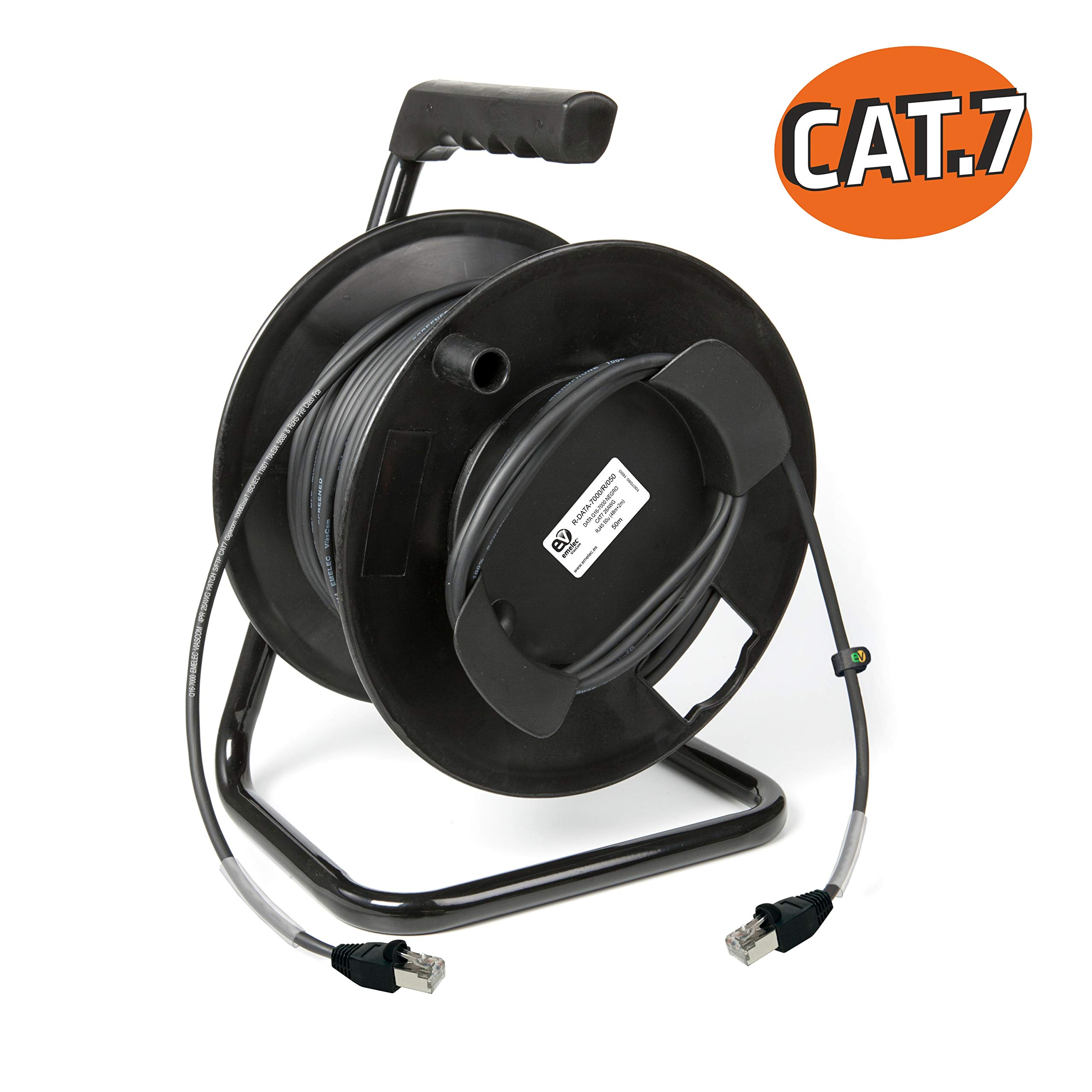 Emelec VíasCom R-DATA-7000/R/030 – 30m Cable Data CAT7 S/FTP BC 4x2x26AWG montado en Portacables con RJ45 50µ – PVC Flexible – Color Negro