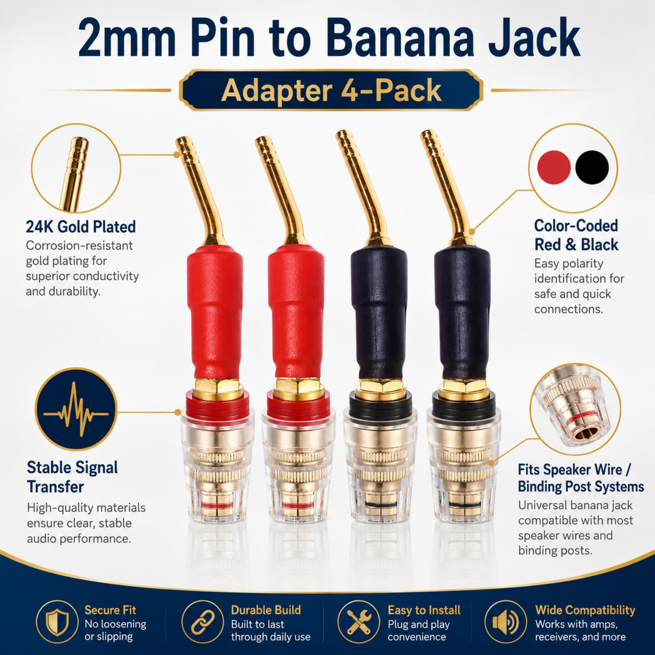 Lot de 4 fiches bananes vers fiche banane femelle de 4 mm pour haut-parleur - Connecteurs de borne de connexion plaqués or 24 carats