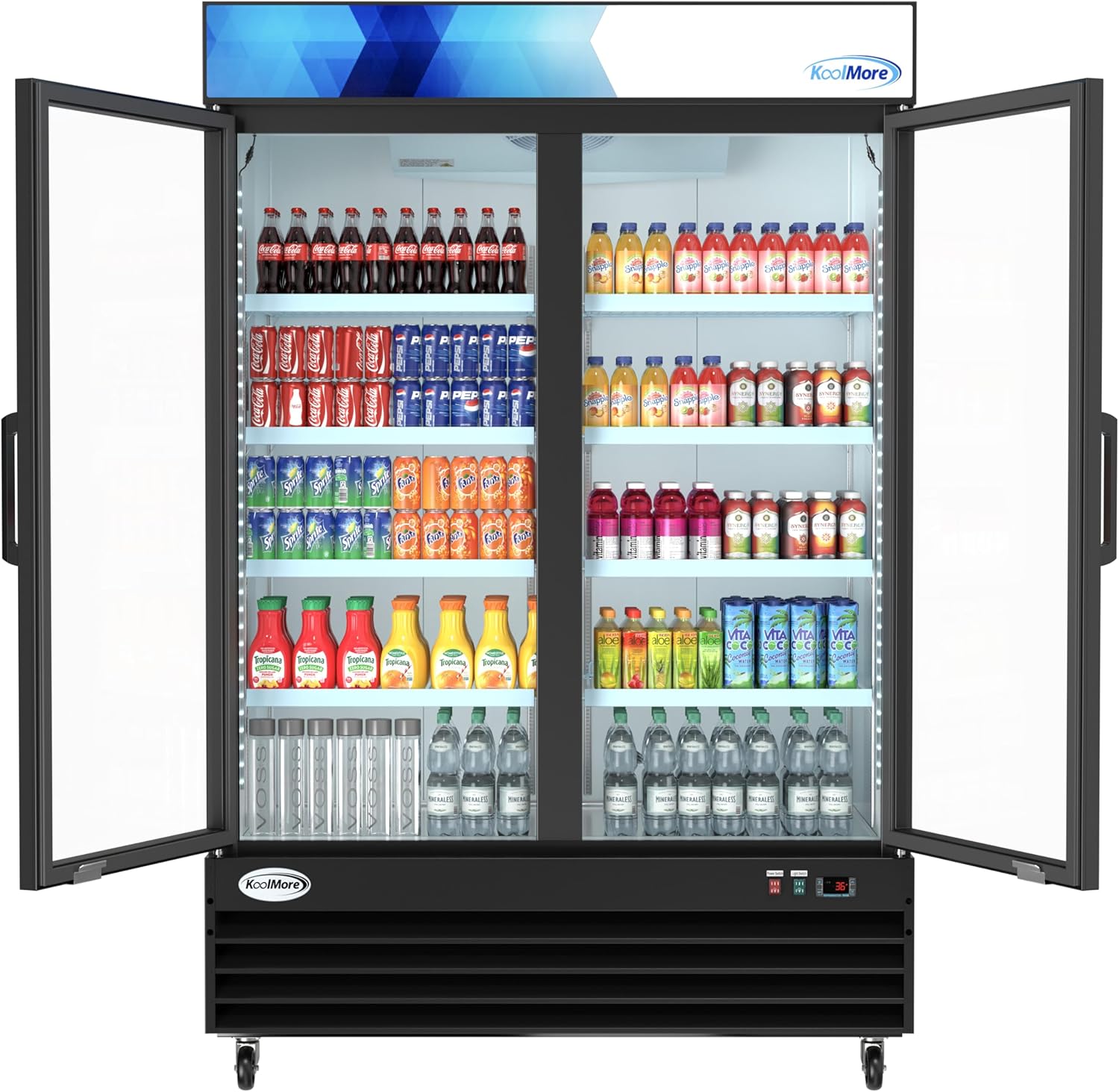 KoolMore MDR-2GD-45C 53 in. Commercial Merchandiser Refrigerator with Two Swinging Glass Doors, 45 cu. ft. and LED Lighting in Black, ETL Listed