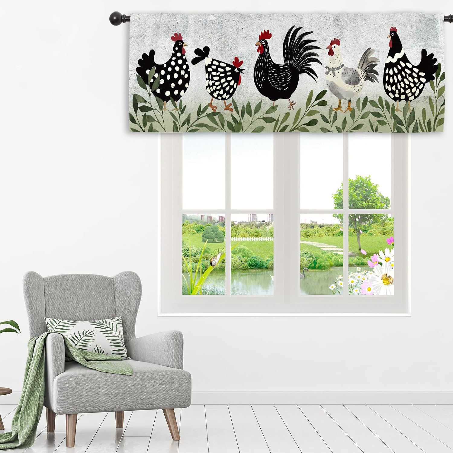 Miyotaa Black Rooster Chicken Kitchen Curtain Valance 54W x 18H Rod Pocket Retro Vintage Farmhouse Farm Rustic Plant Window Treatment for Living Room Bedroom Bathroom