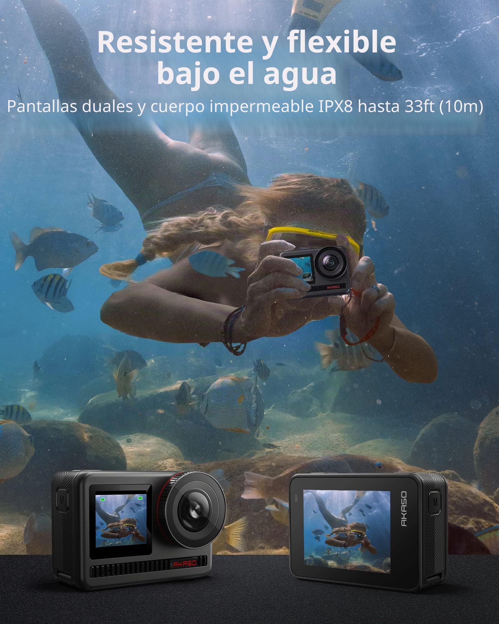 AKASO Brave 8 4K60FPS Cámara Deportiva, 48MP WiFi Cámara Acuatica Sumergible 60M con Estabilización SuperSmooth, Pantalla Táctil, Gran Angular, Zoom 8X, 16x Slo-mo, 2*1550mAh Baterías Multi Accesorios | Cámara de Acción con Estabilización SuperSmooth, Pan