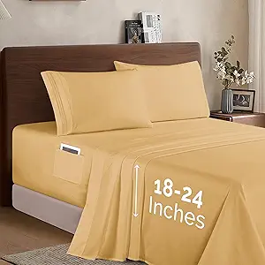 Elegant Comfort Luxury 1500 Premium Hotel Quality Microfiber 4-Piece Sheet Set - Soft, All Around Elastic 18-24 Inches Deep Fitted Sheet - Extra Deep Pocket Sheets, Full, Camel-Gold