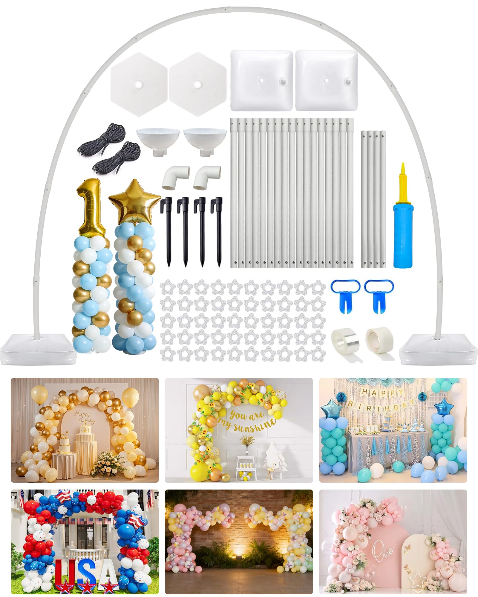 6IN1 Balloon Arch Stand Kit, 10.8ft Adjustable Balloon Column Stand with Base, Reusable Balloon Arch Kit Party Backdrop Decoration for Birthday Party Engagement Wedding Baby Shower Graduation