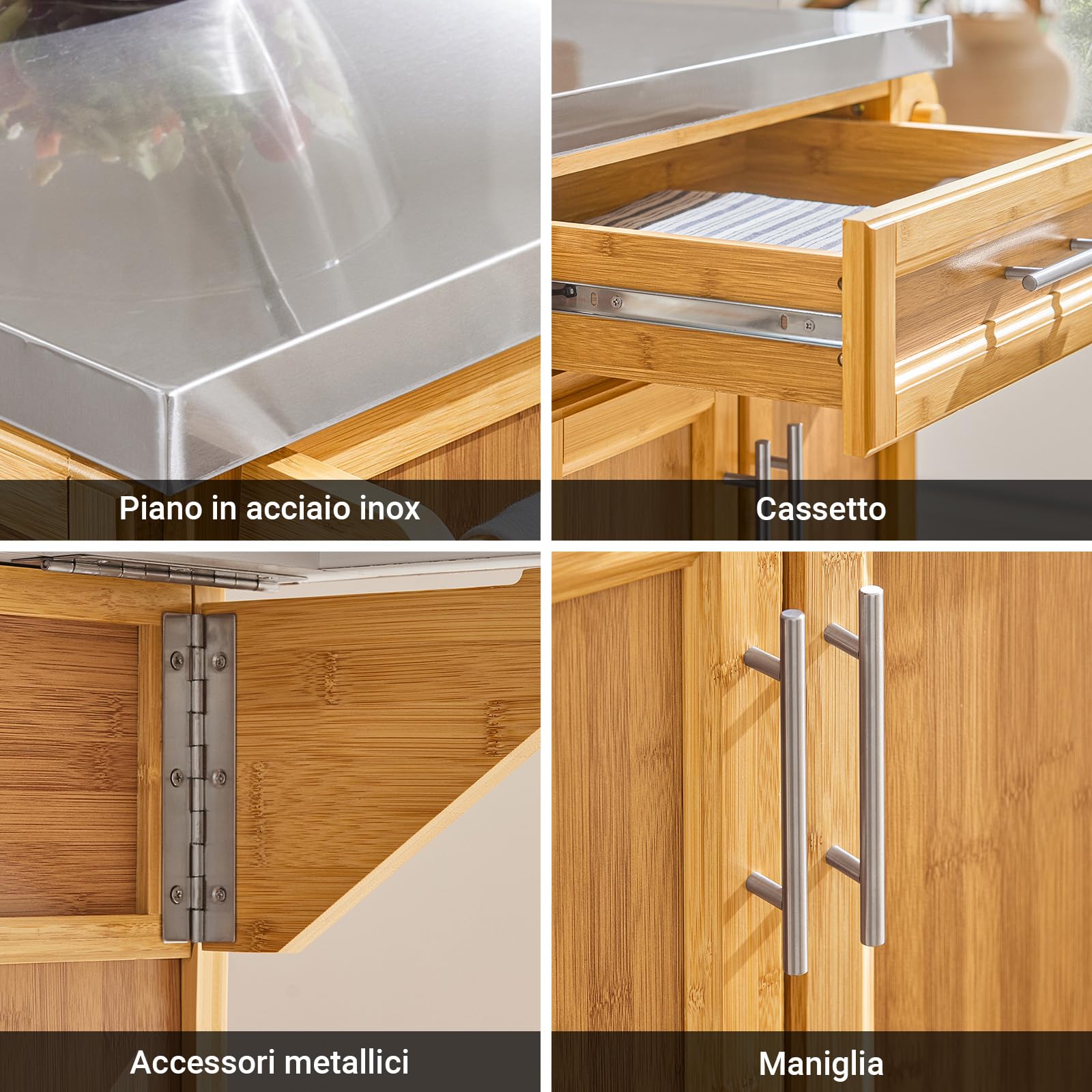 SoBuy Carrello Cucina con Ruote Isola Cucina con Piano di Lavoro Estensibile, 2 Cassetti e Ripiani Regolabili Mobile Salvaspazio per Mobili da Cucina Naturale 115 x (46-71) x 92 cm FKW69-N