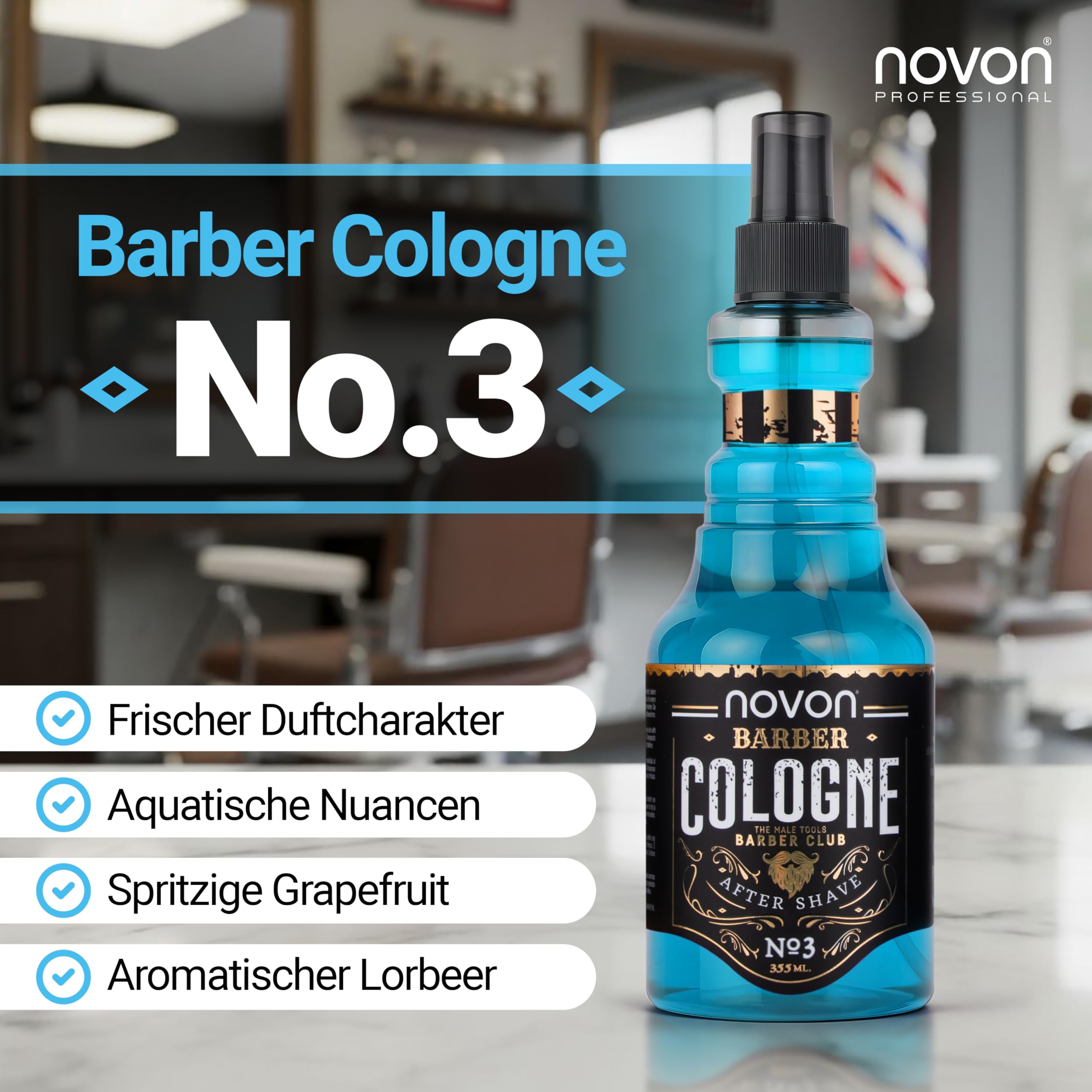 Novon Professional Barber Cologne No. 3 – 355 ml – After Shave spray para hombres – Afeitado con aroma intenso – Barber Eau de Colonia con práctico dispensador de bomba – Refrescante y cuidado EDC