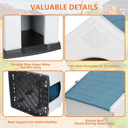 Vista 48 de Casa de plástico resistente al agua para perros pequeños a grandes, refugio interior para cachorros con rejillas de ventilación y piso elevado, Azul
