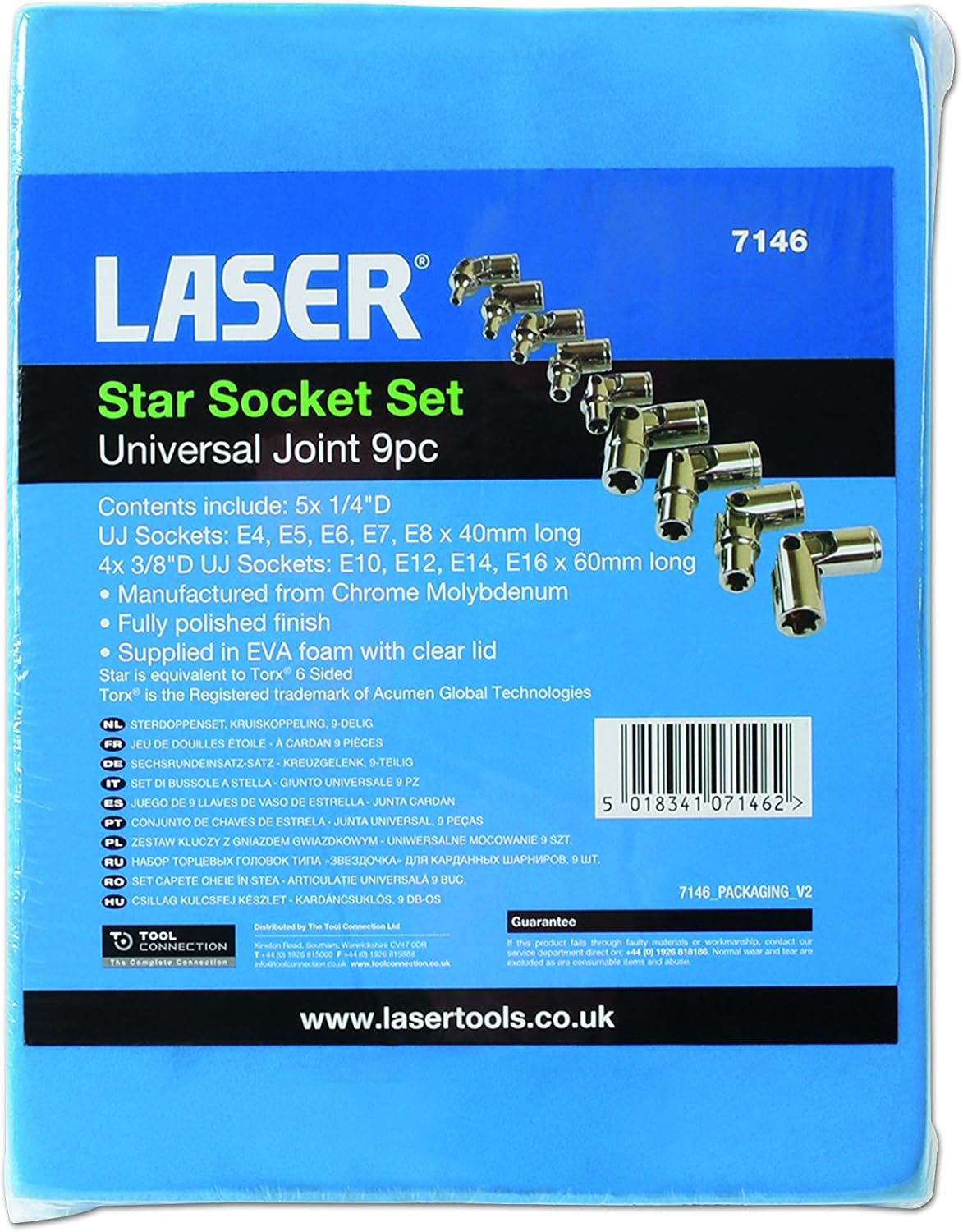 Laser 7146 Universal Joint Star Socket Set 1/4"D, 3/8"D 9pc