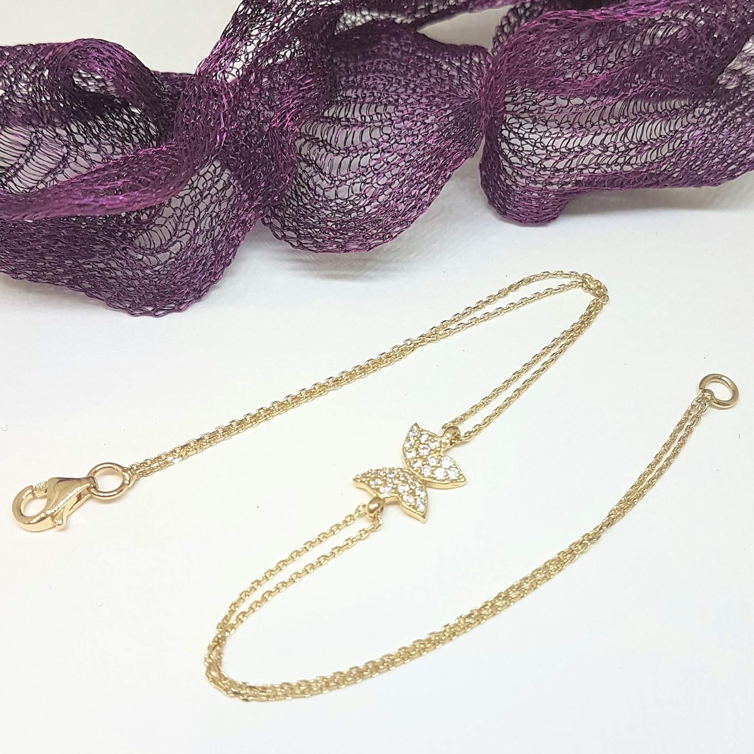 14K Real Solid Gold Butterfly Shape Design with White Zirconia Stones Cute Dainty Delicate Trendy Bracelet best gift for Women Jewelry yourself, birthday