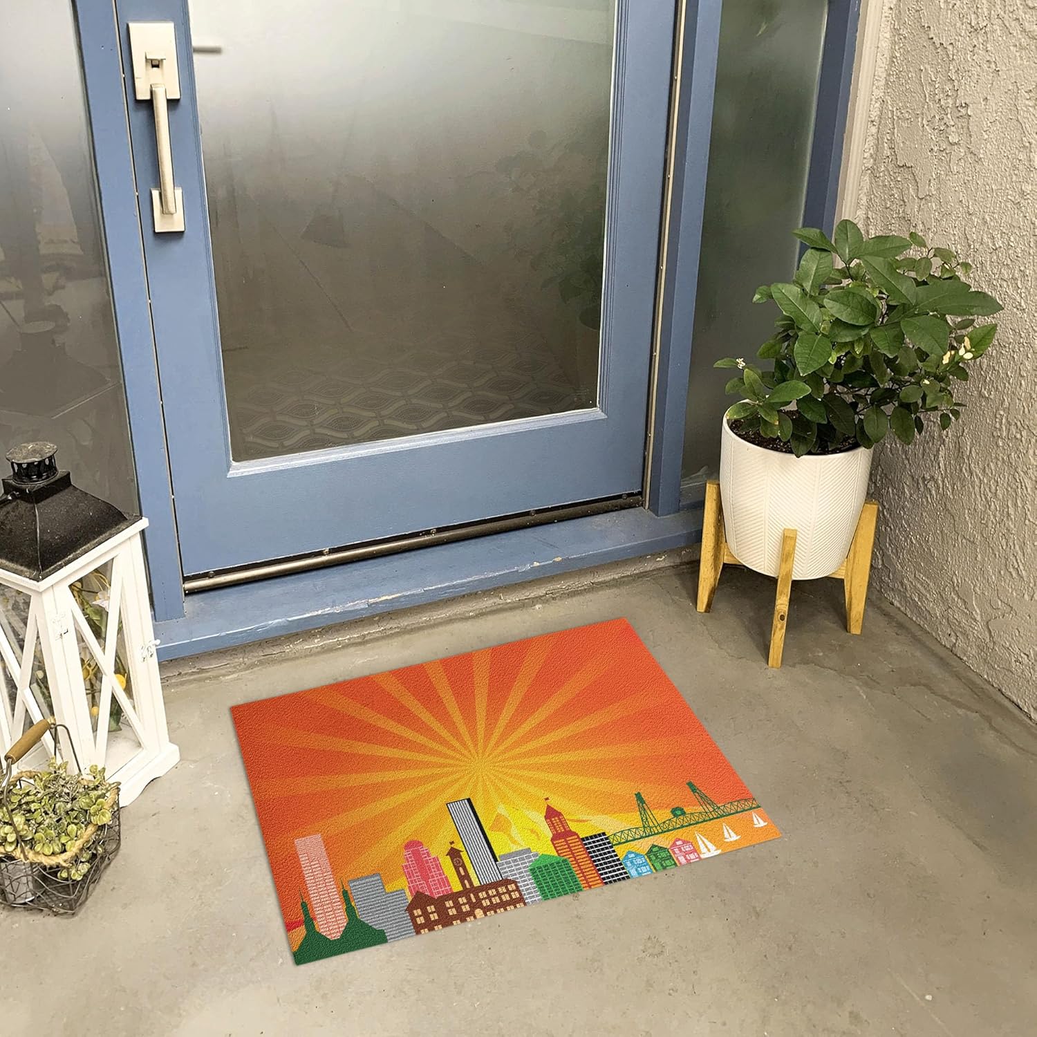 Lunarable Oregon Doormat, City of Portland Landmarks Hawthrone Bridge and Architecture with Sunburst Backdrop, Decorative Polyester Floor Mat with Non-Skid Backing, 30" X 18", Orange Green