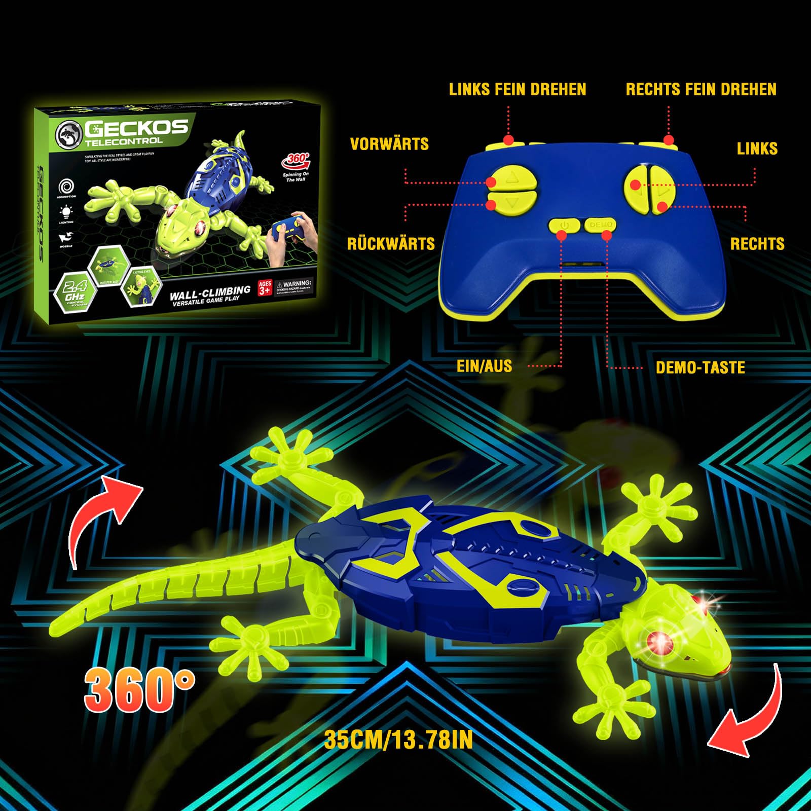 HILKKET Gecko Wandflitzer RC, Fluoreszierende Eidechse Spielzeug mit Leuchtende Augen und Fernbedienung, Interaktiv Roboter Kinder, Echse Geschenk für Kinder ab 3 Jahren