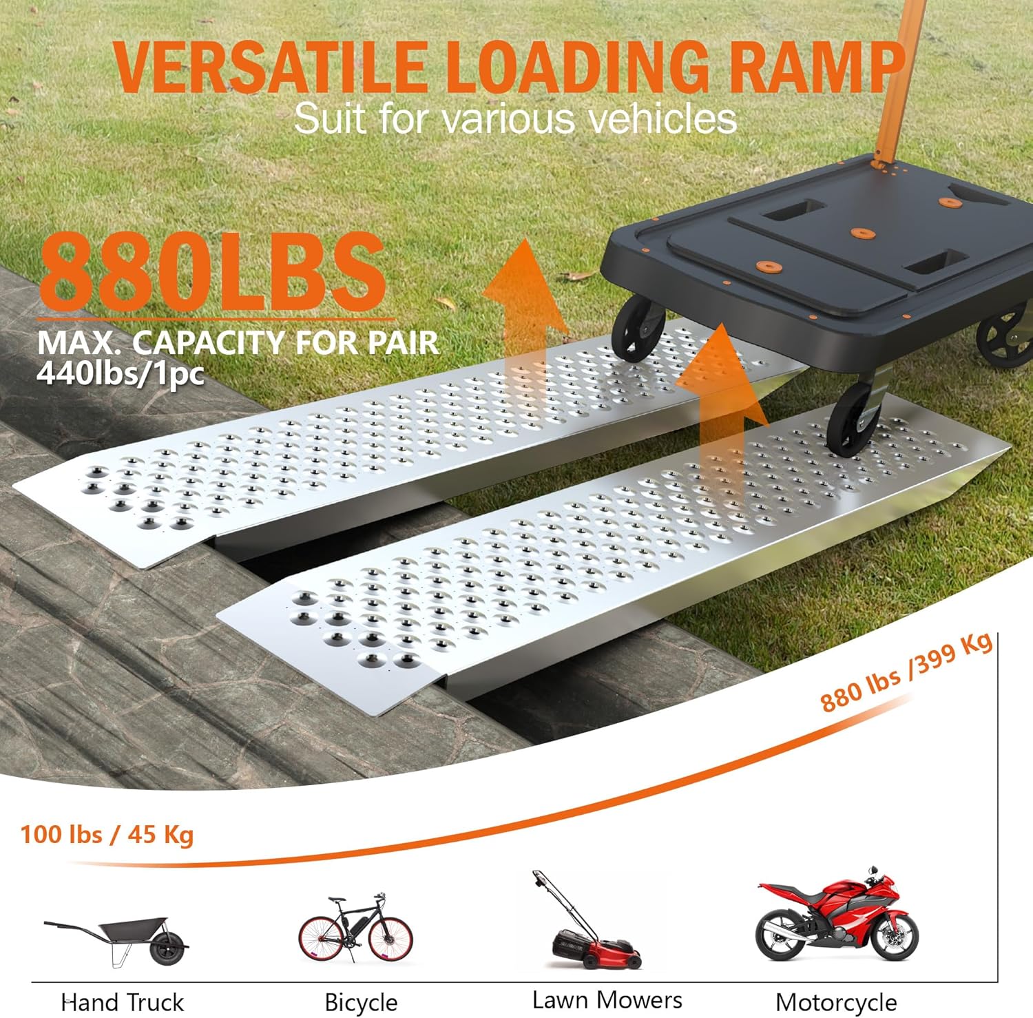 Aluminum Shed Ramp 2PCS, 880 LBS Capacity 47.2" x 8.5" Loading Ramps, Lightweight Sturdy Anti-Slip Ramps with Punch Plate Surface for Lawn Mower, Bike, Hand Truck, Motorcycle 880 lbs - 47.2" L