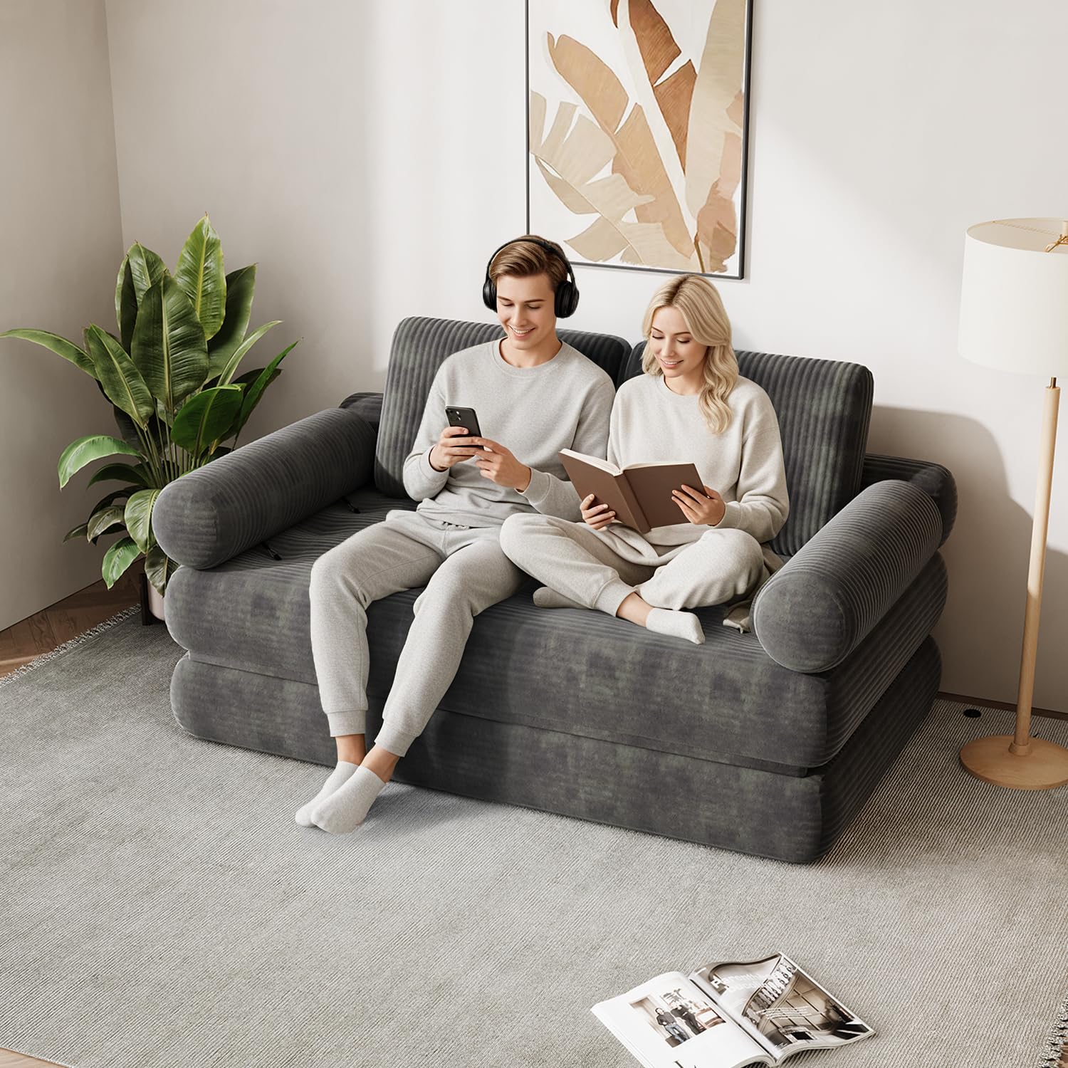 59" Convertible Sofa Bed, 5-in-1 Folding Sleeper Chair - Grey, Full | Loveseat Fold Out Boneless Couch Futon Floor Mattress Lounge with Pillows Removable Armrests for Dorm Apartment Living Room