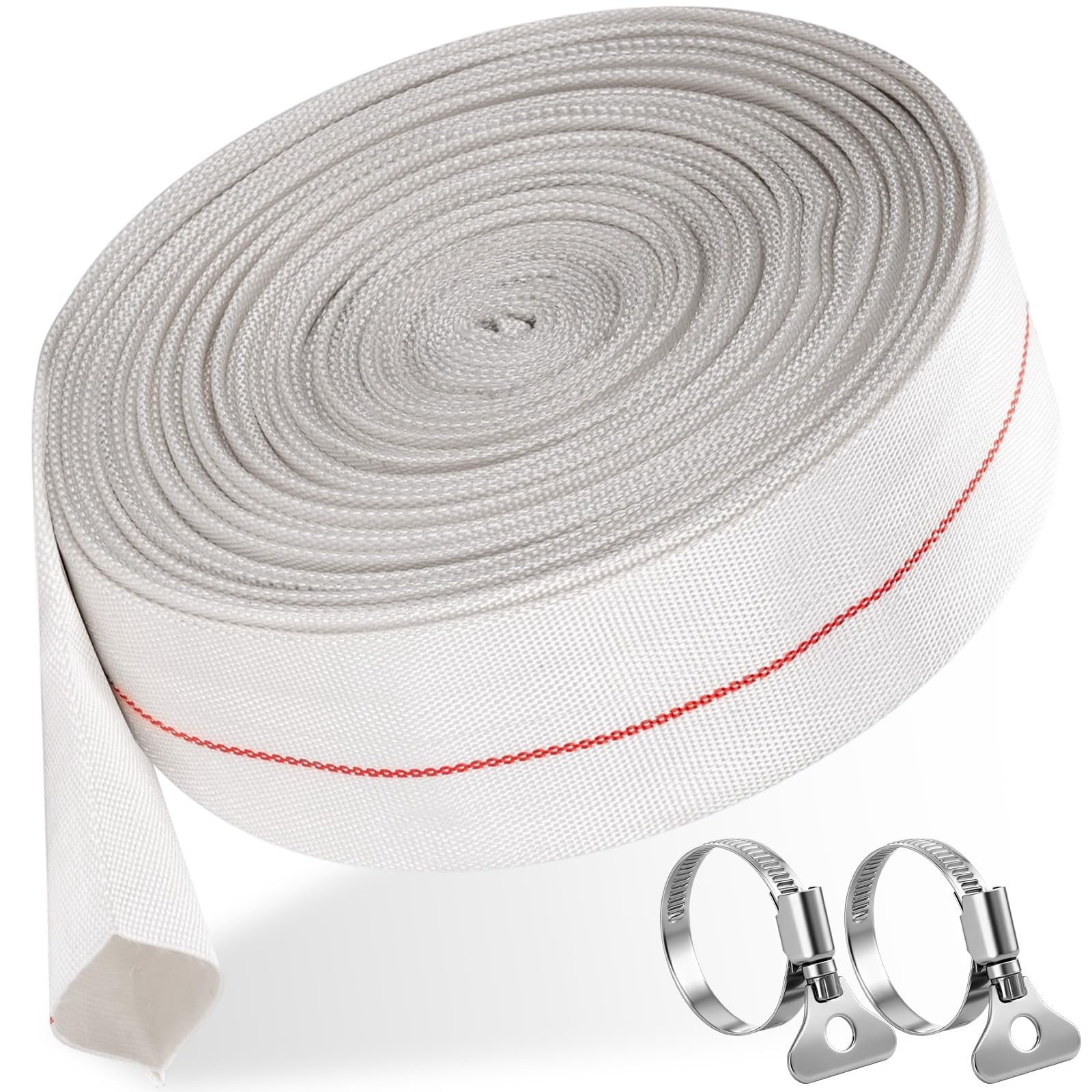 Fabric Pool Backwash Hose with 2 Clamps, Heavy Duty PVC Dirty Water Pumps Tube, General Purpose Water Discharge Hose, Reinforced Lay Flat Pump Drain Pipe for Swimming Pool, Water Transfer Applications