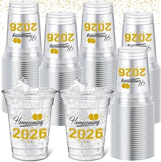 SiliFine 50 Pcs 12oz HOCO Clear Plastic Cups Homecoming Disposable Cups | HOCO 2026 Party Decoration, for Homecoming Celebration, Class of 2026 School Events, Gold Decoration Party Supplies