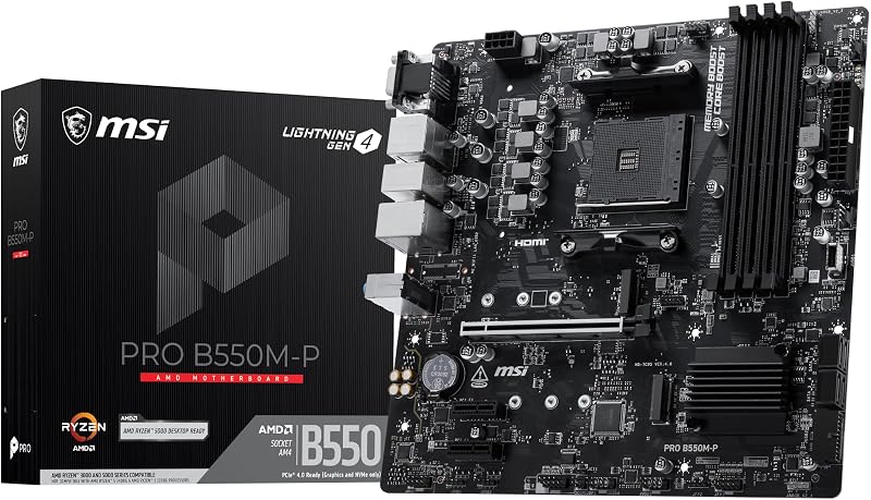 Placa base MSI PRO B550M-P, mATX - Compatible con procesadores de escritorio AMD Ryzen 5000/5000 G-Series, 4000 G-Series, 3000/3000 G-Series, AM4 - DDR4 Memory Boost (hasta 4400+ MT/s OC), PCIe 4.0 x16, M.2 Gen4