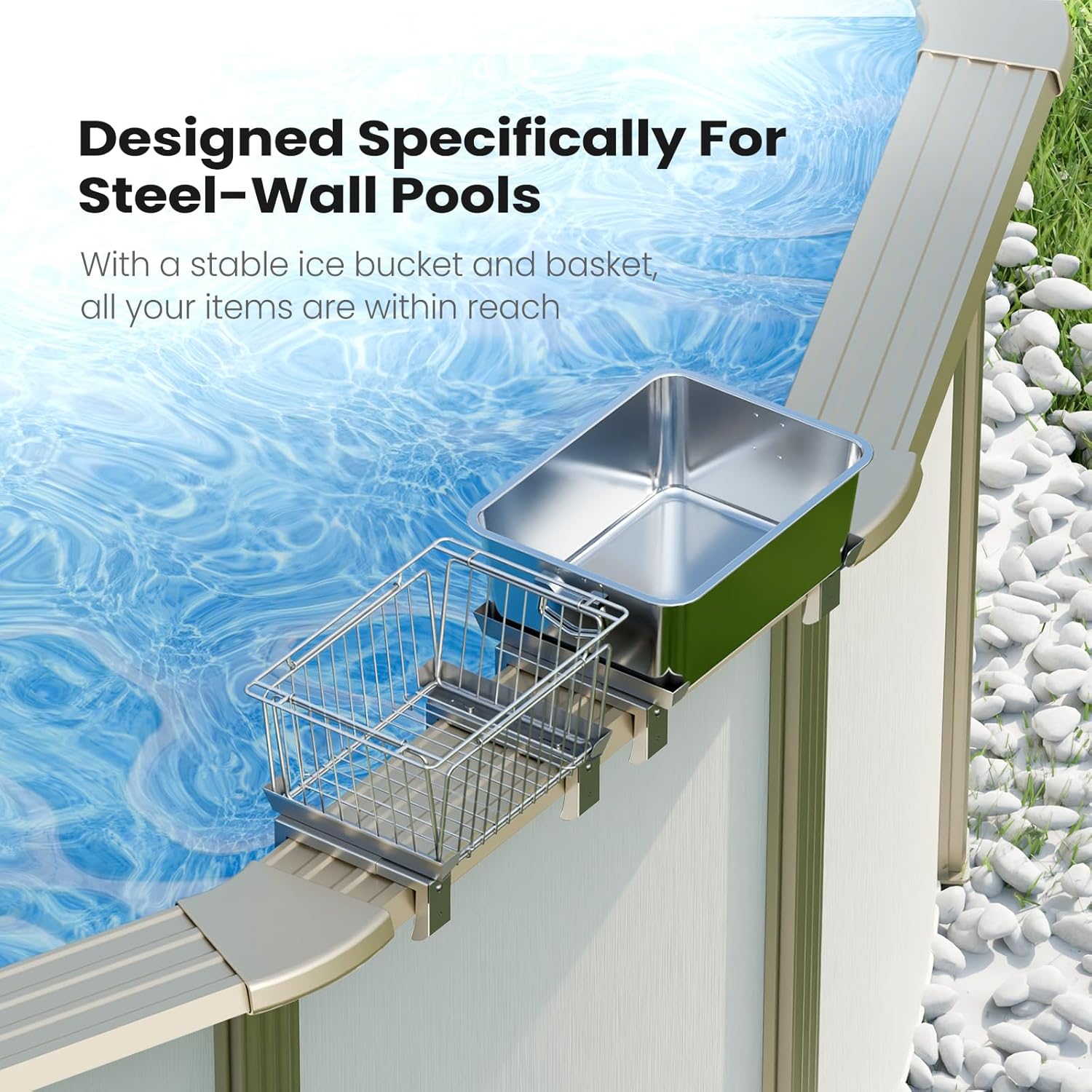ECOPOOLTECH 2 Pack Poolside Storage Basket - Versatile Large Capacity Swimming Pool Organizer, Fits 3.9-8.6” Top Rails for Steel Wall Pool, Above Ground Pool Accessories, Installable Separately