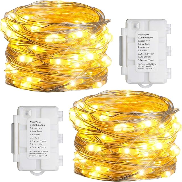 Koopower [2 Pack] Fairy Lights Battery Operated, 5m Outdoor Christmas Lights with Timer, 8 Modes 50 LEDs Silver Wire Lights for Bedroom Garden Xmas Wedding (IP65 Waterproof, Warm White)