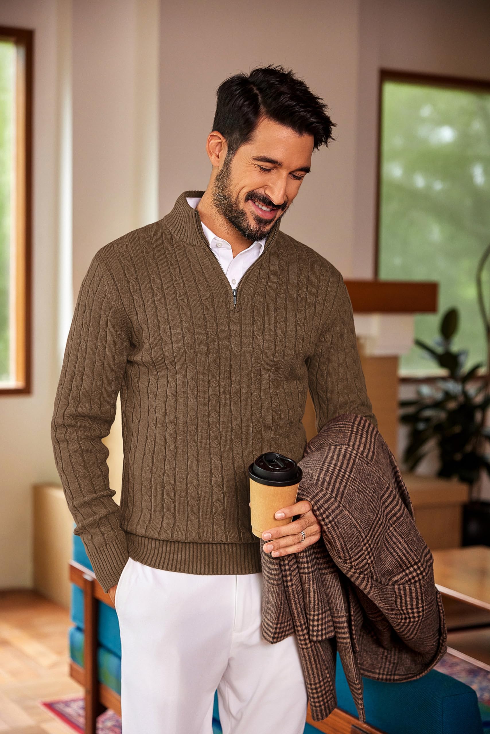 COOFANDY Maglione da uomo con zip a quarto slim fit casual lavorato a maglia dolcevita pullover a collo alto polo maglione