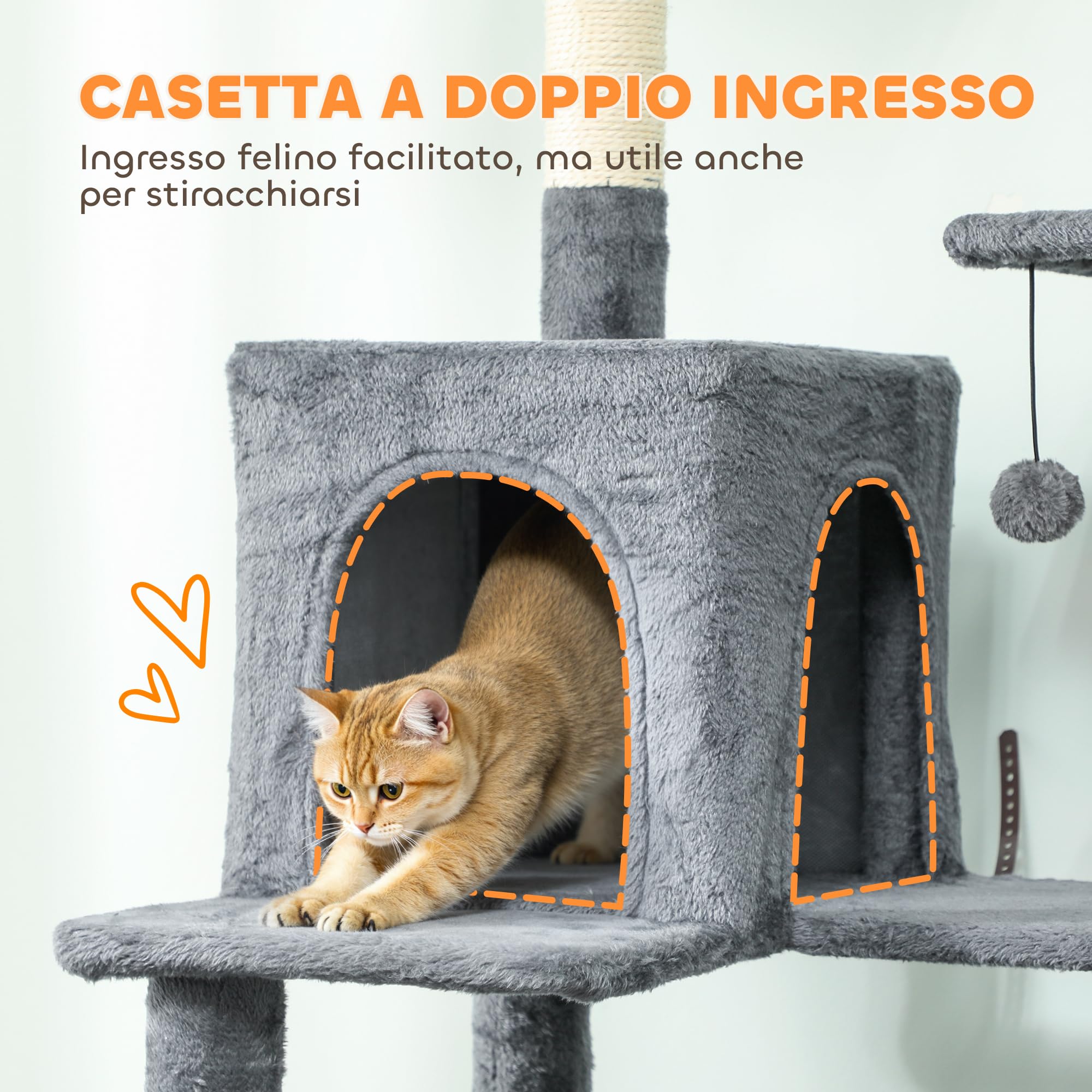 PawHut Tiragraffi per Gatti Alto 202 cm con 6 Pali Graffiatoi Grigio Scuro | Albero per Gatti, 2 Grotte, 2 Cucce, Amaca, 3 Pompon, Piattaforma e Corda, Torre per Gattini, Peluche, Per Gatti Adulti