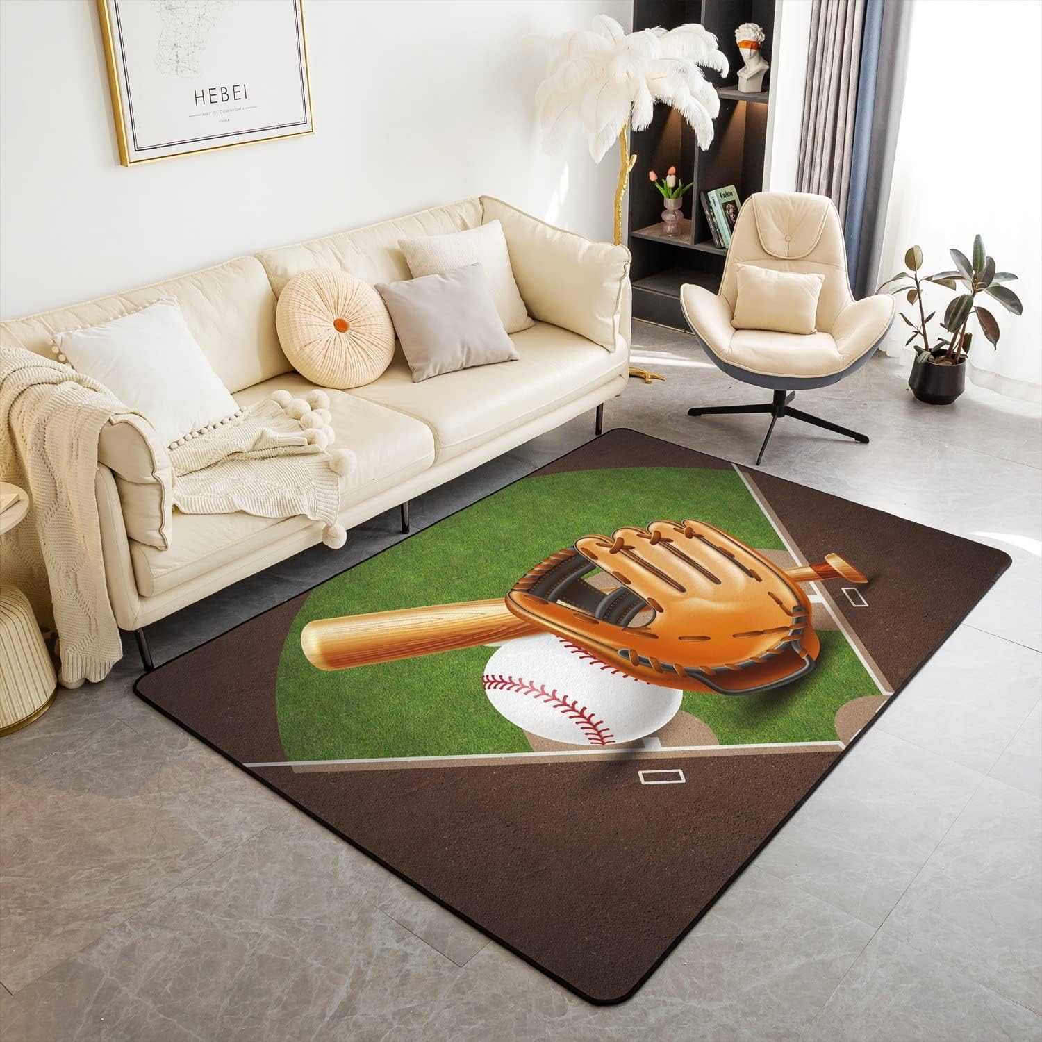 Tapis salon baseball 3D imprimé 60x120 polyester doux facile à nettoyer pour canapé chambre