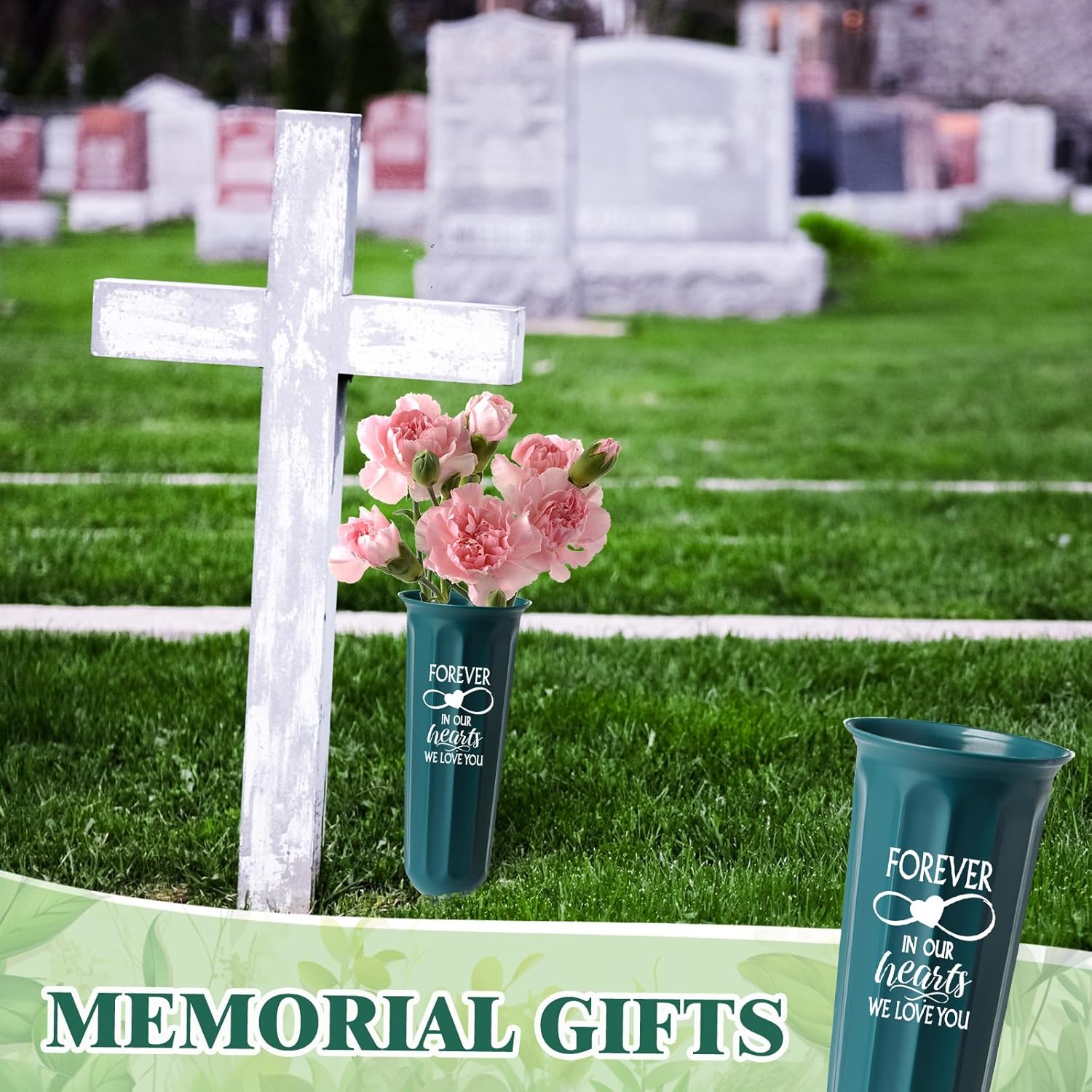 6 Set Spikes Cemetery Vases with Foam Inserts Plastic Green Memorial Floral Vases Grave Decorations for Cemetery Grave Flower Holder Cones(Heart)
