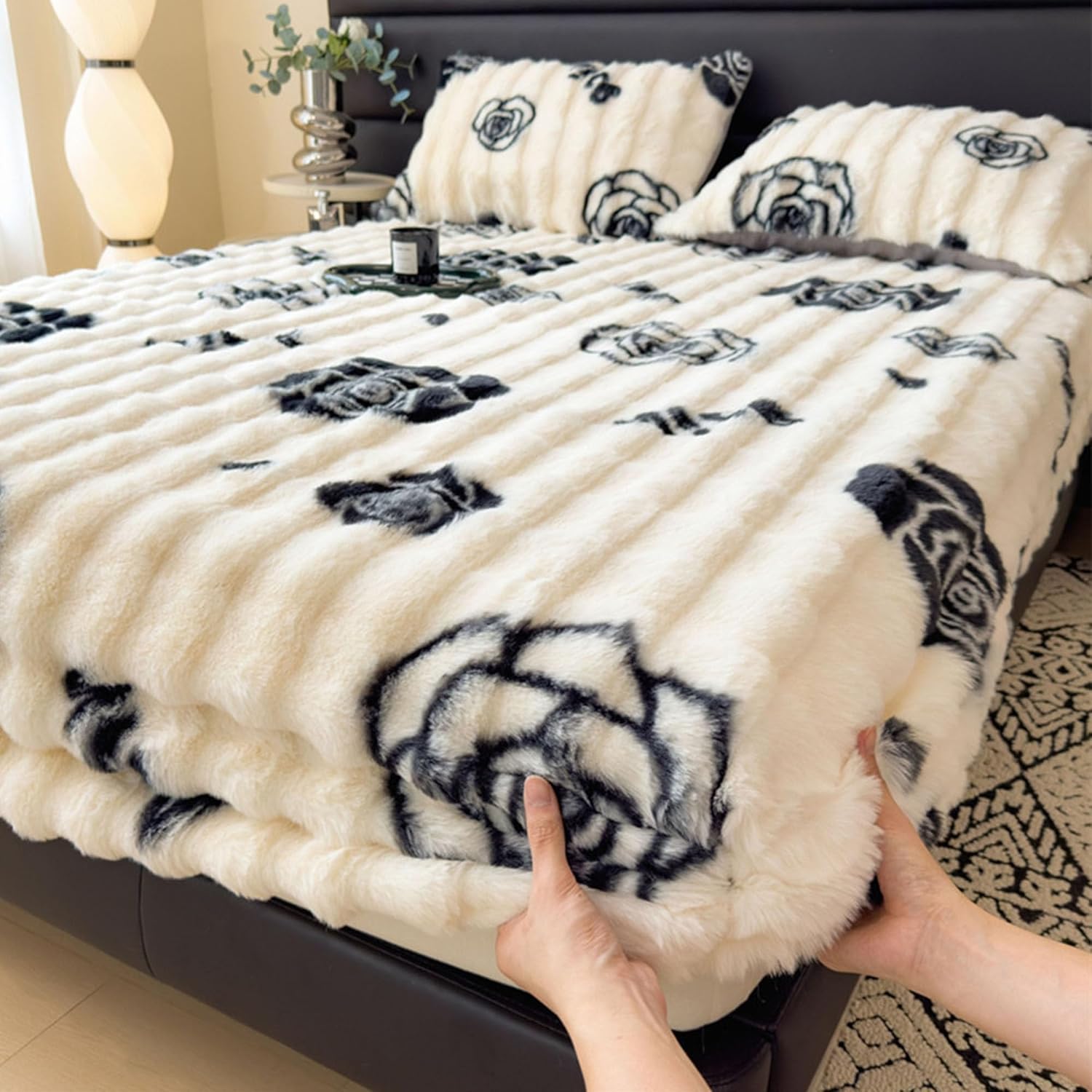 Milk Velvet Bedding Fitted Sheet Mattress Cover, Faux Rabbit Fur Fitted Sheets, Elastic Bed Sheet Fluffy Mattress Protector Bedspread (I,Queen: 59 * 79in/150 * 200cm)