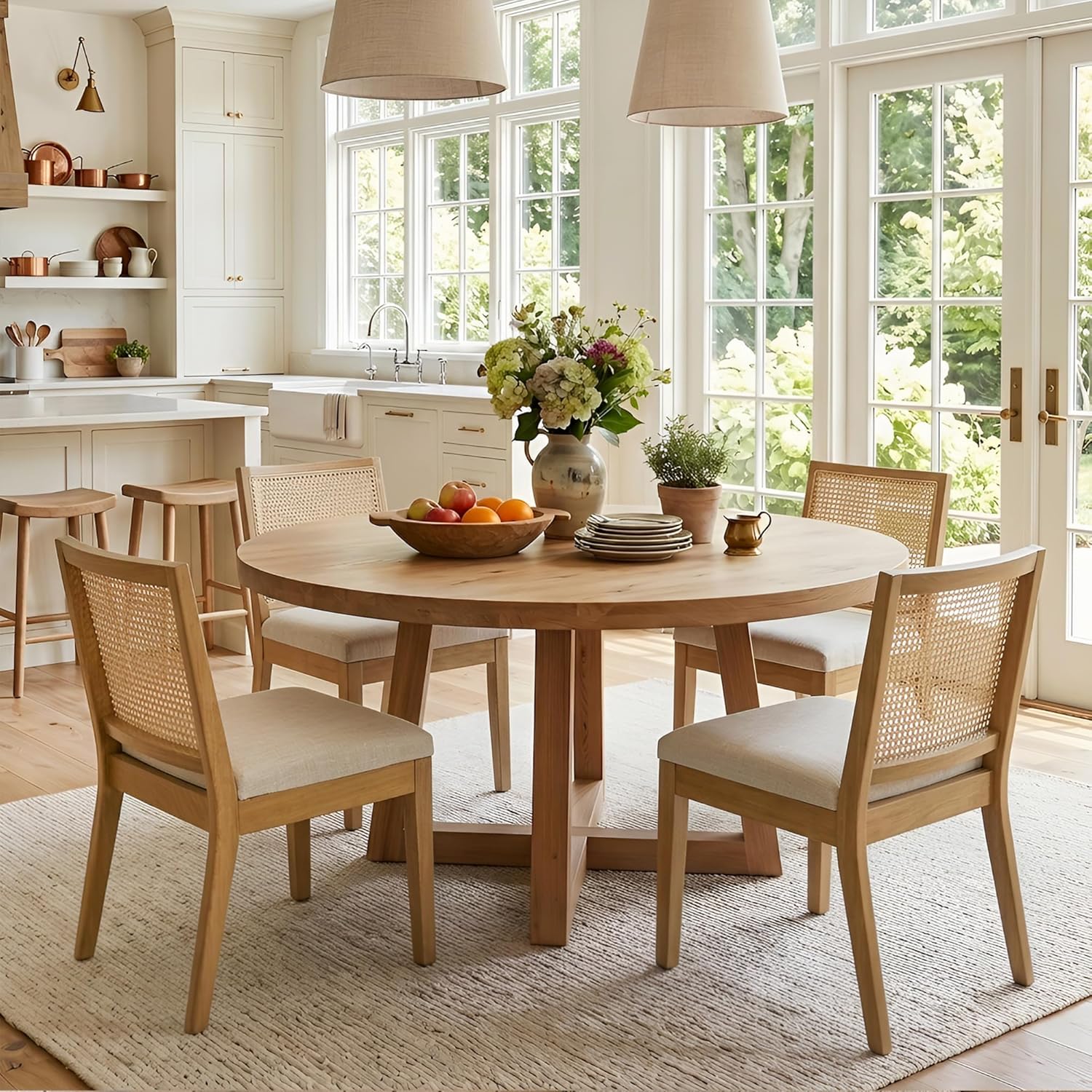 HNY Farmhouse Rattan Dining Chairs Set of 4, Mid Century Modern Kitchen & Dining Room Chairs, Cane Upholstered Kitchen Side Chair with Natural Hardwood Frame, Beige
